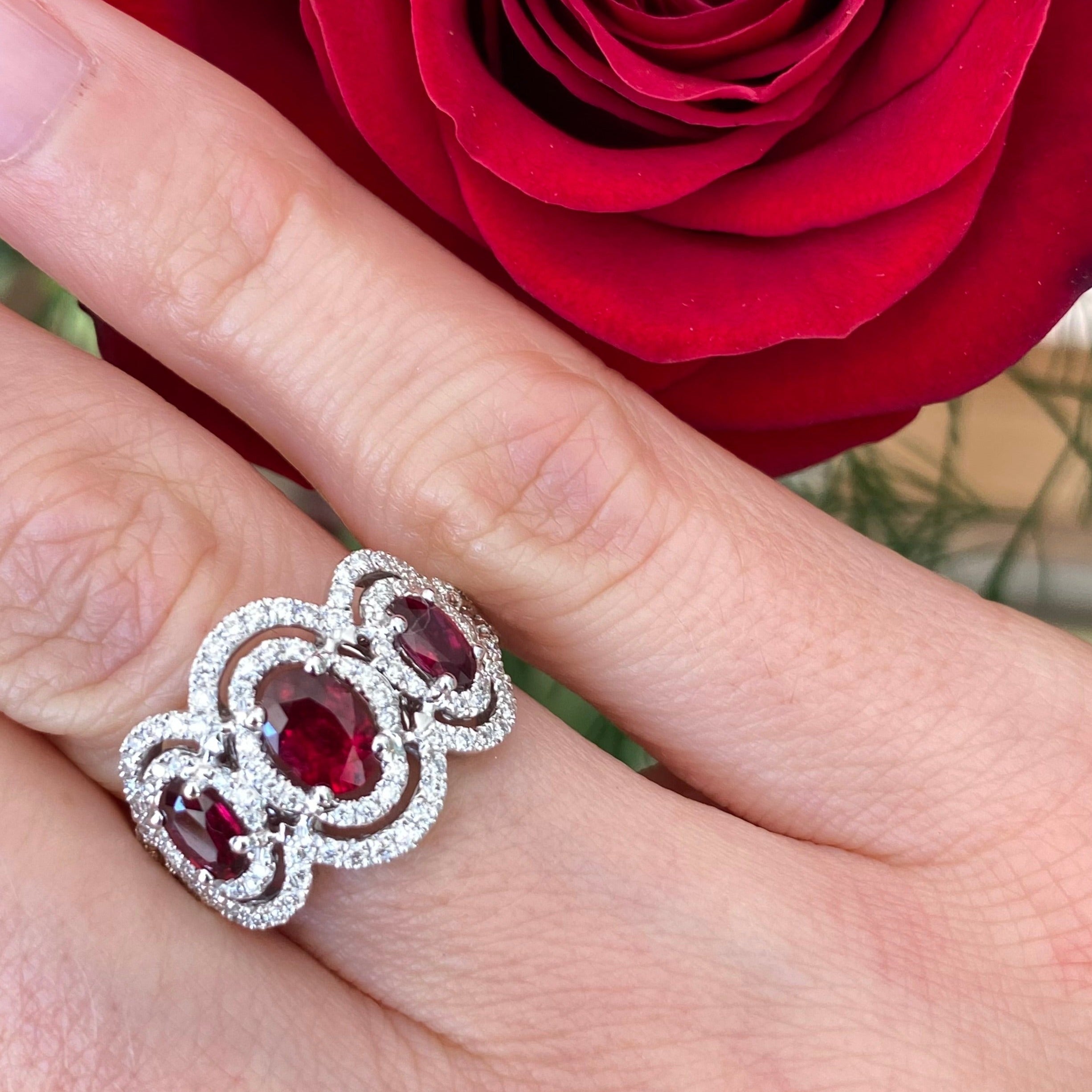 Oval Ruby & Diamond Three Stone Ring