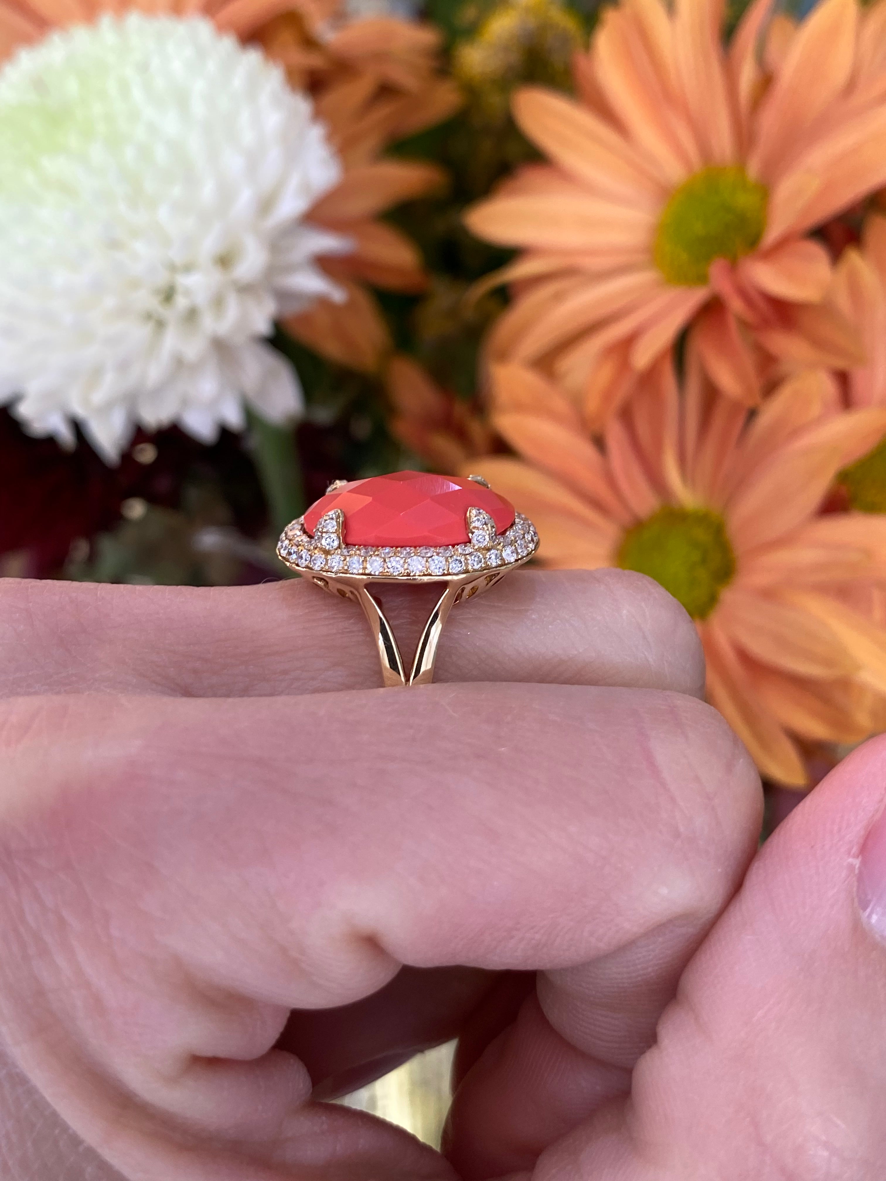 Coral & Diamond Halo Yellow Gold Ring