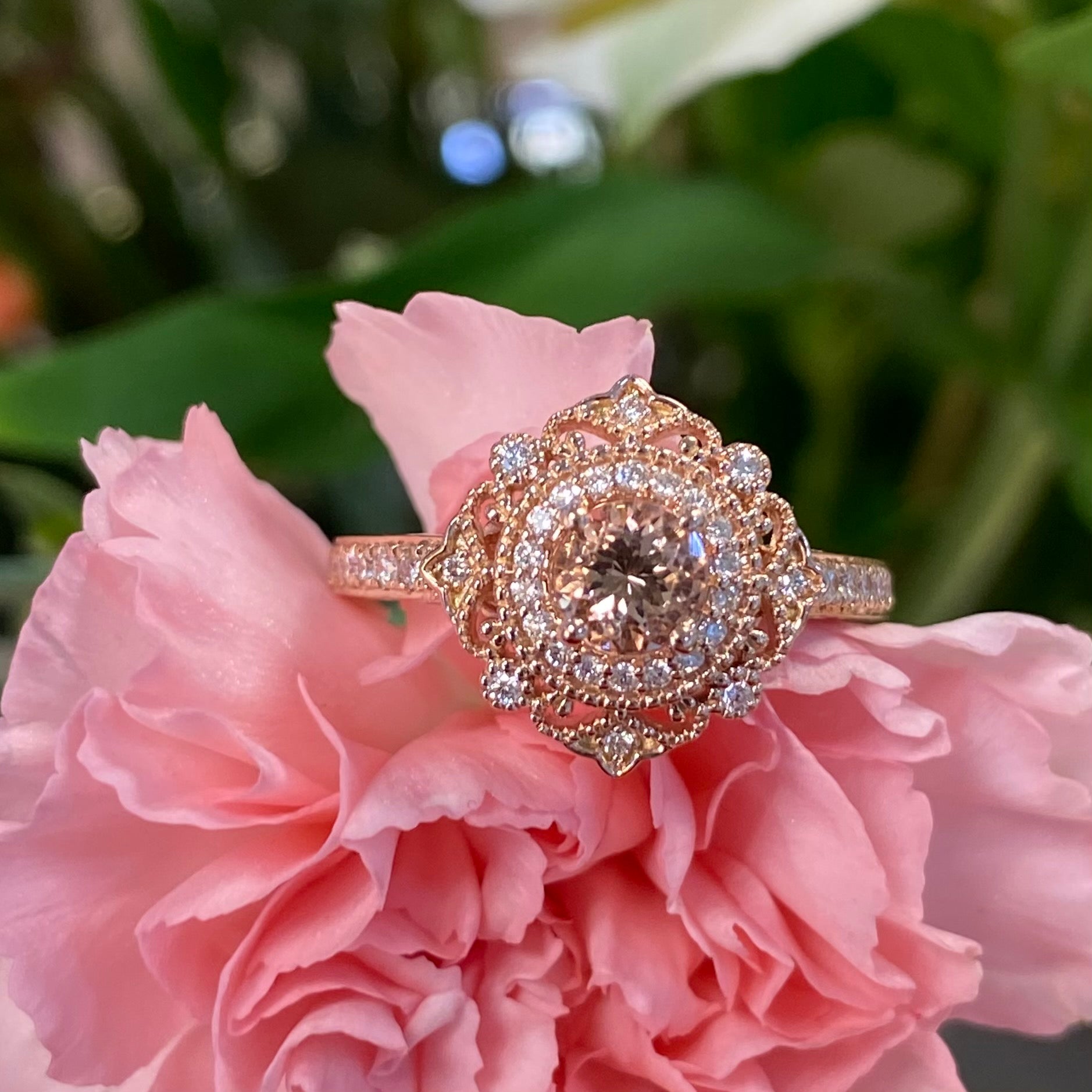 Vintage Inspired Lace Rose Gold, Morganite & Diamond Ring
