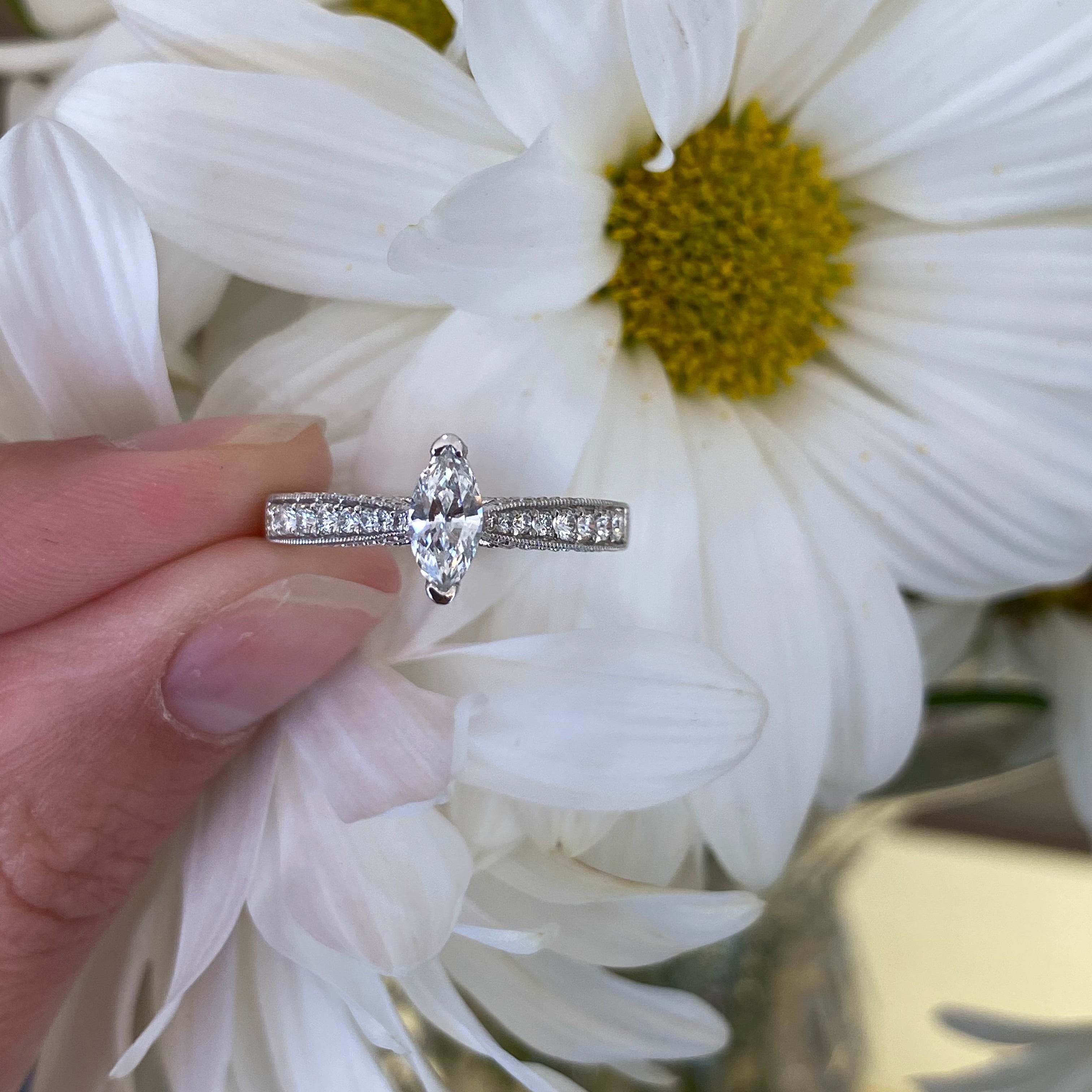 Marquise Diamond Beaded Engagement Ring