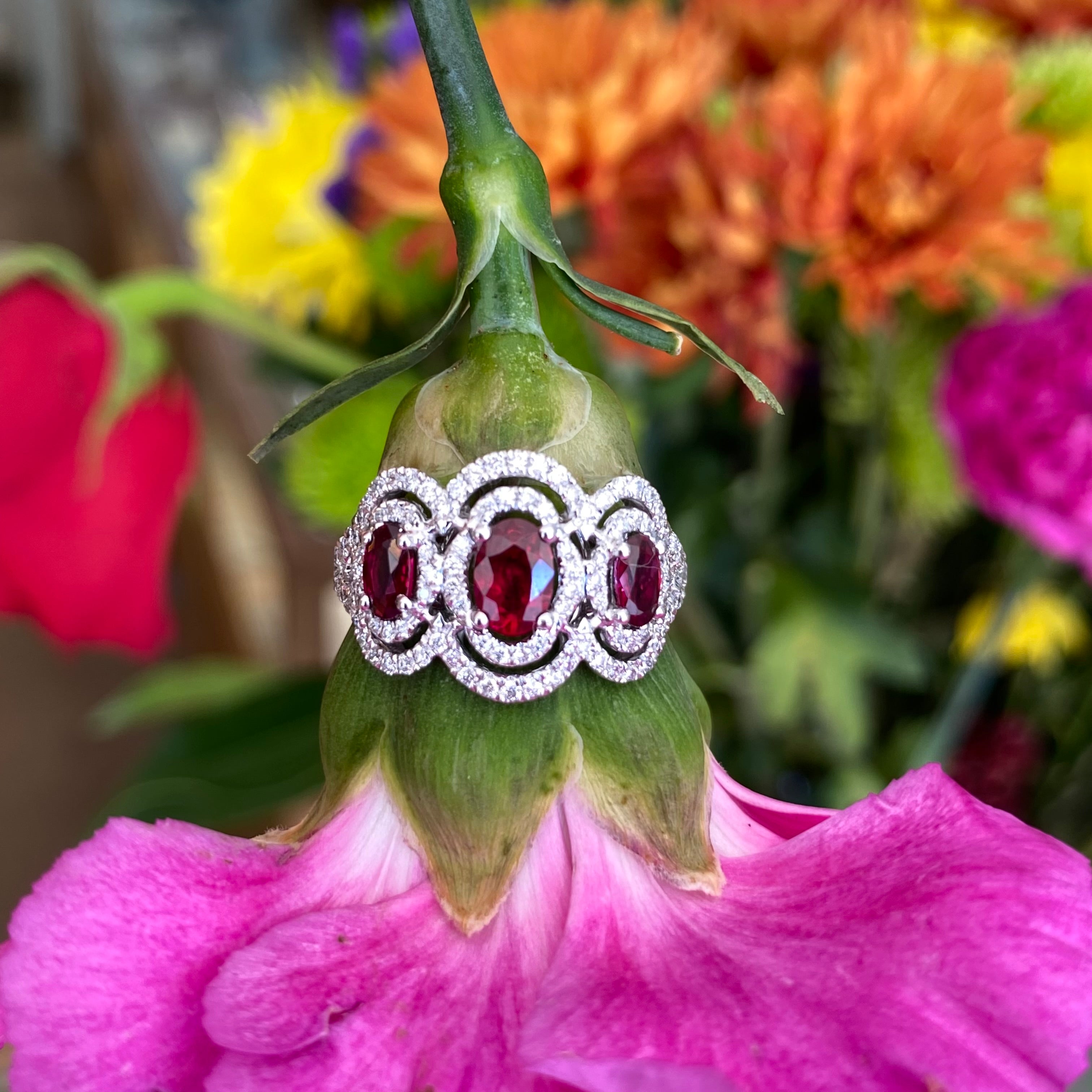 Oval Ruby & Diamond Three Stone Ring