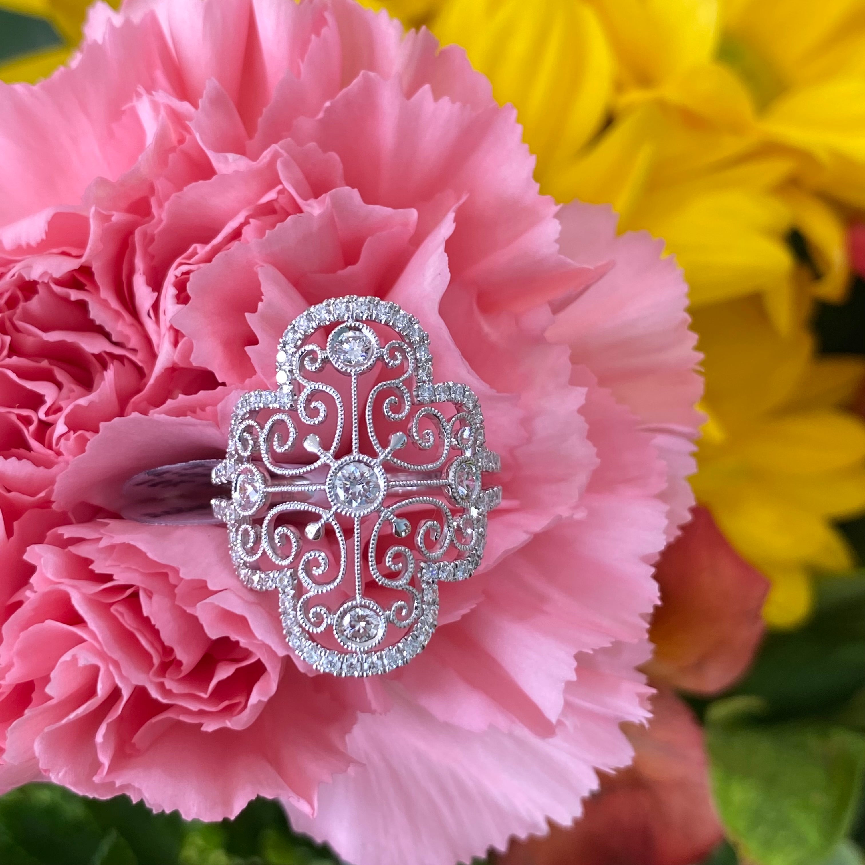 Vintage Inspired Lace Style Diamond Ring in 18k White Gold