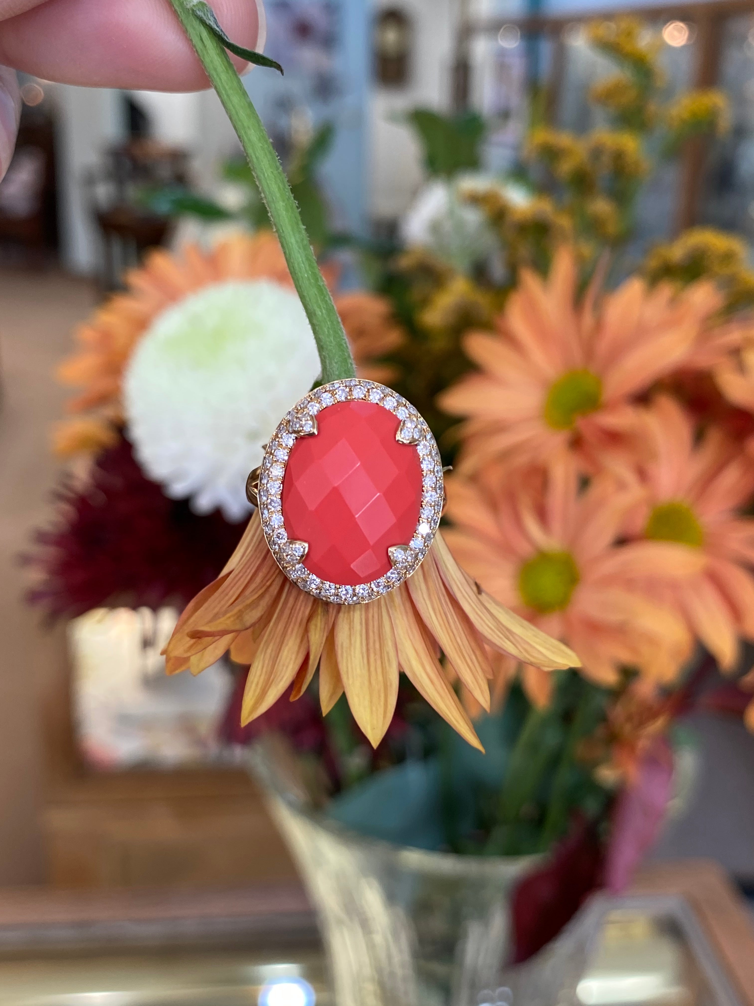 Coral & Diamond Halo Yellow Gold Ring
