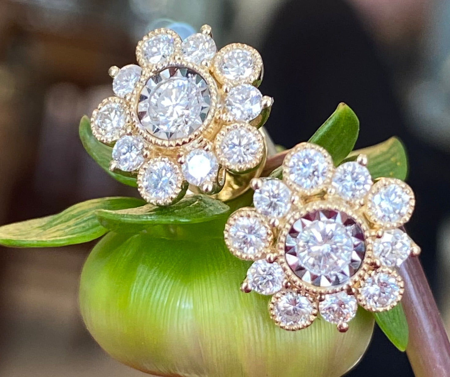 Golden Petal Diamond Stud Earrings