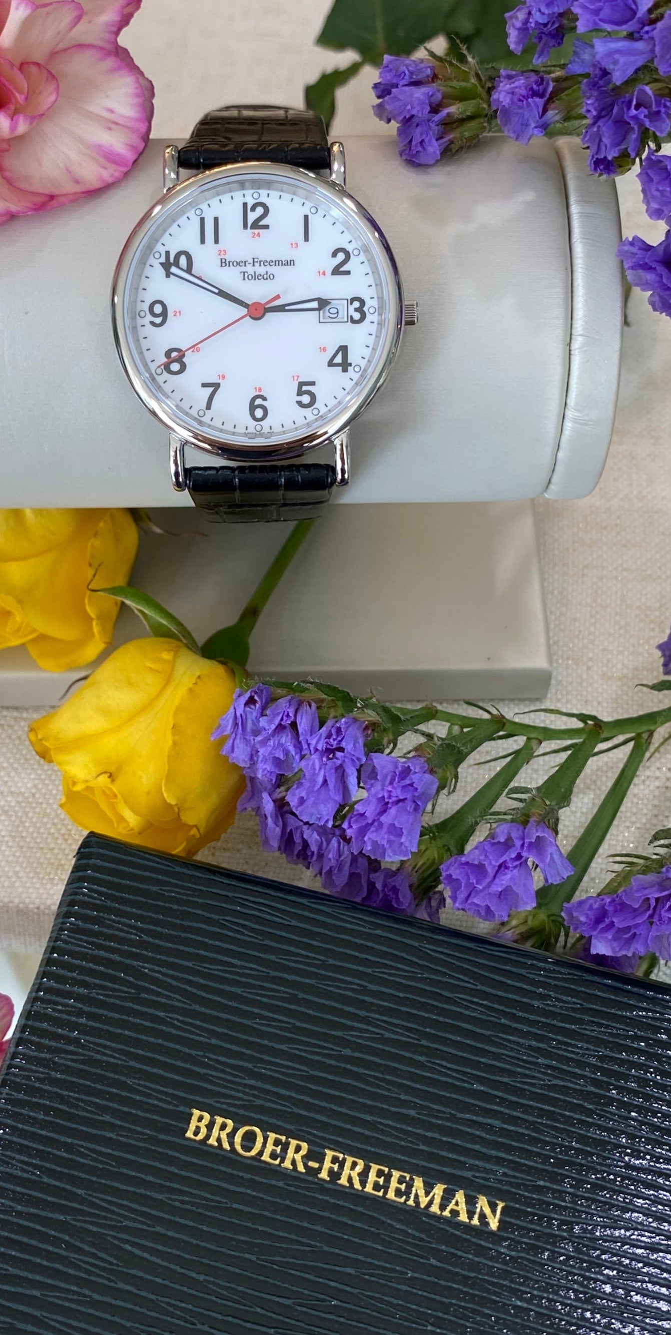 White Dial Red Accent Black Leather Watch
