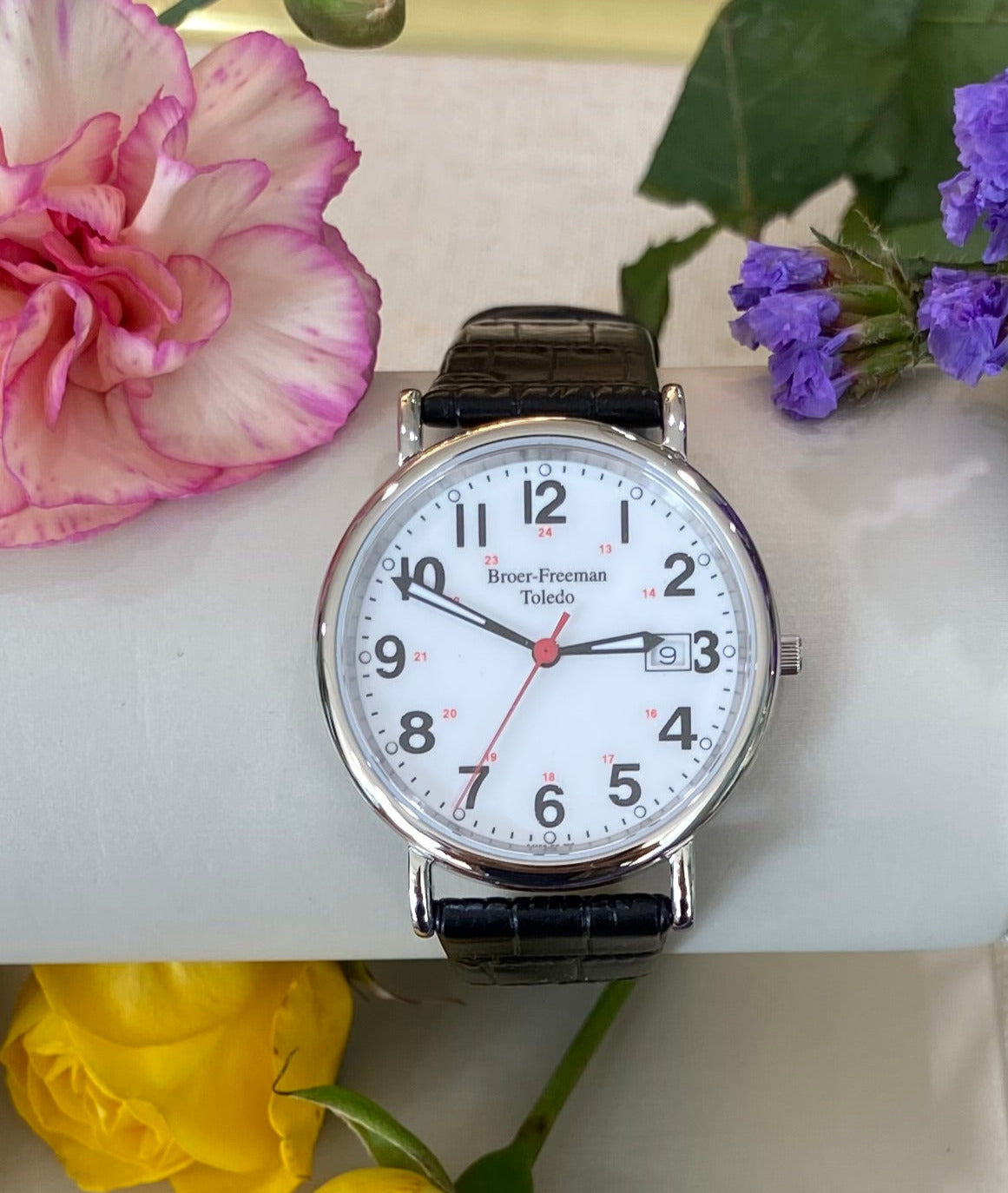 White Dial Red Accent Black Leather Watch