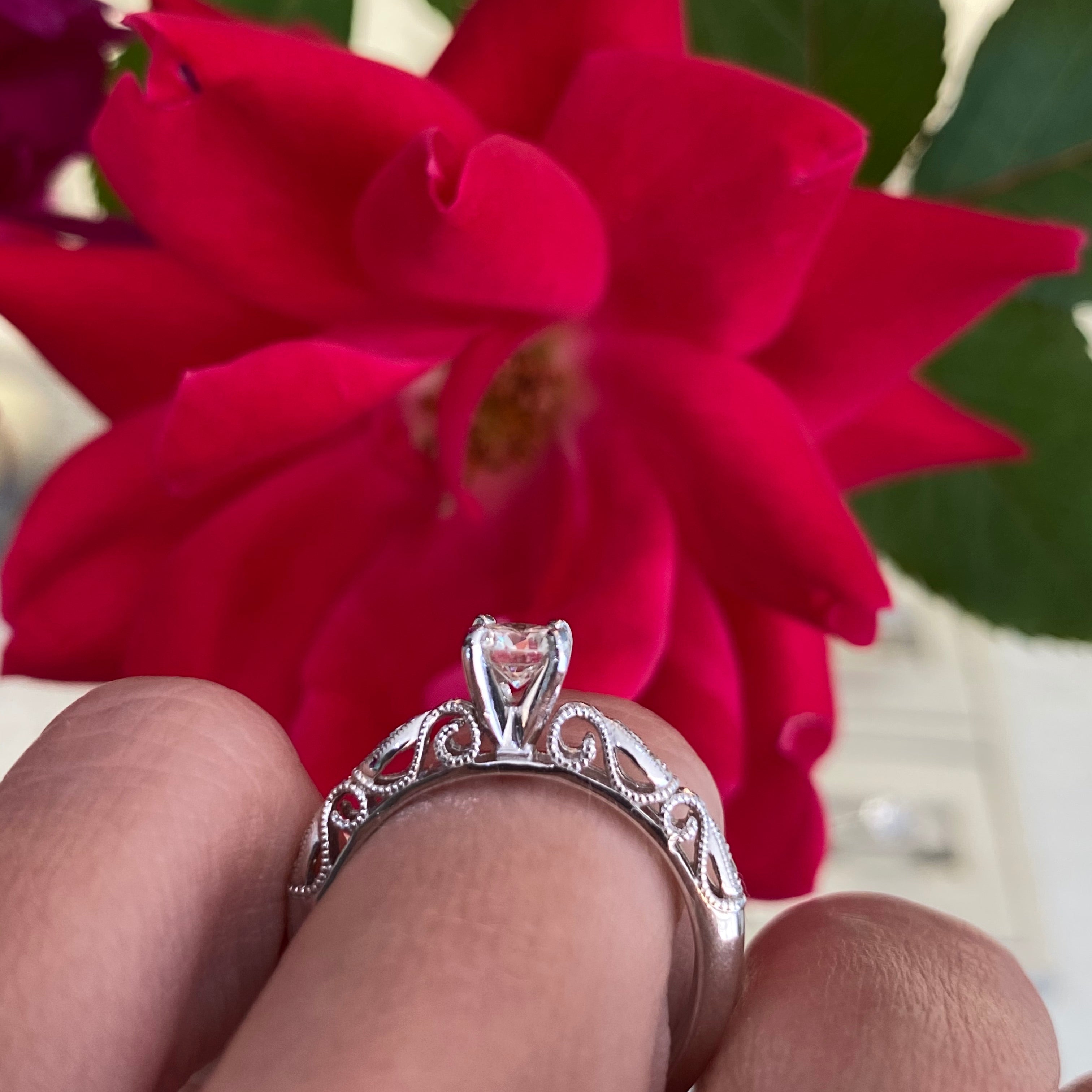 Fancy Round Solitaire Engagement Ring with Filigree Scroll Work