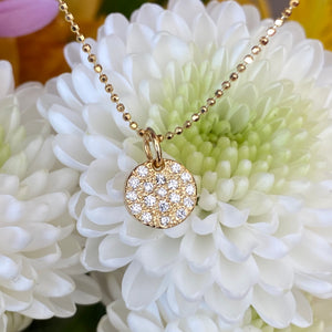 Petite diamond pavé necklace with diamond cut bead chain in yellow gold