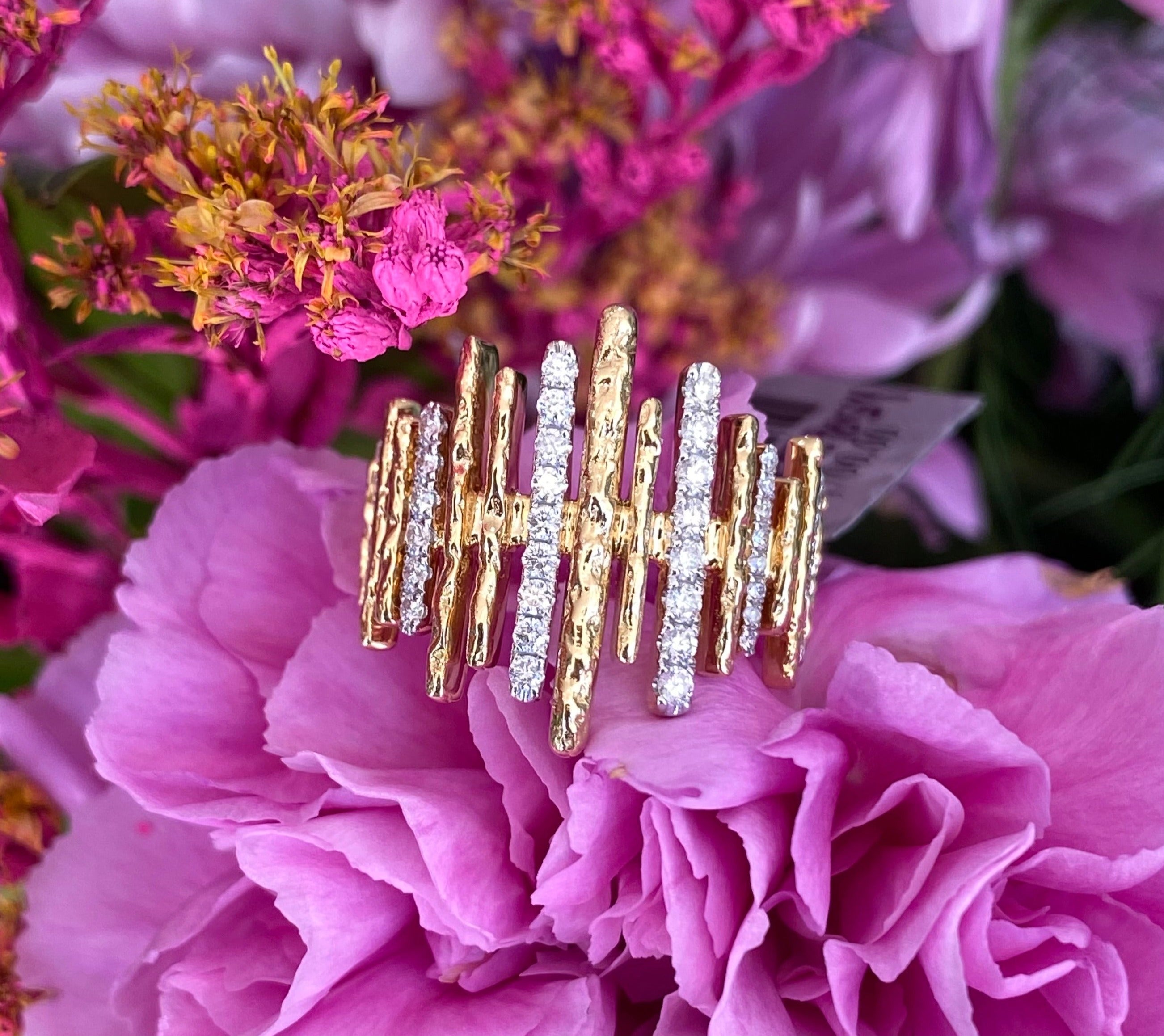 Retro Style Diamond Stick Ring in Yellow and White Gold