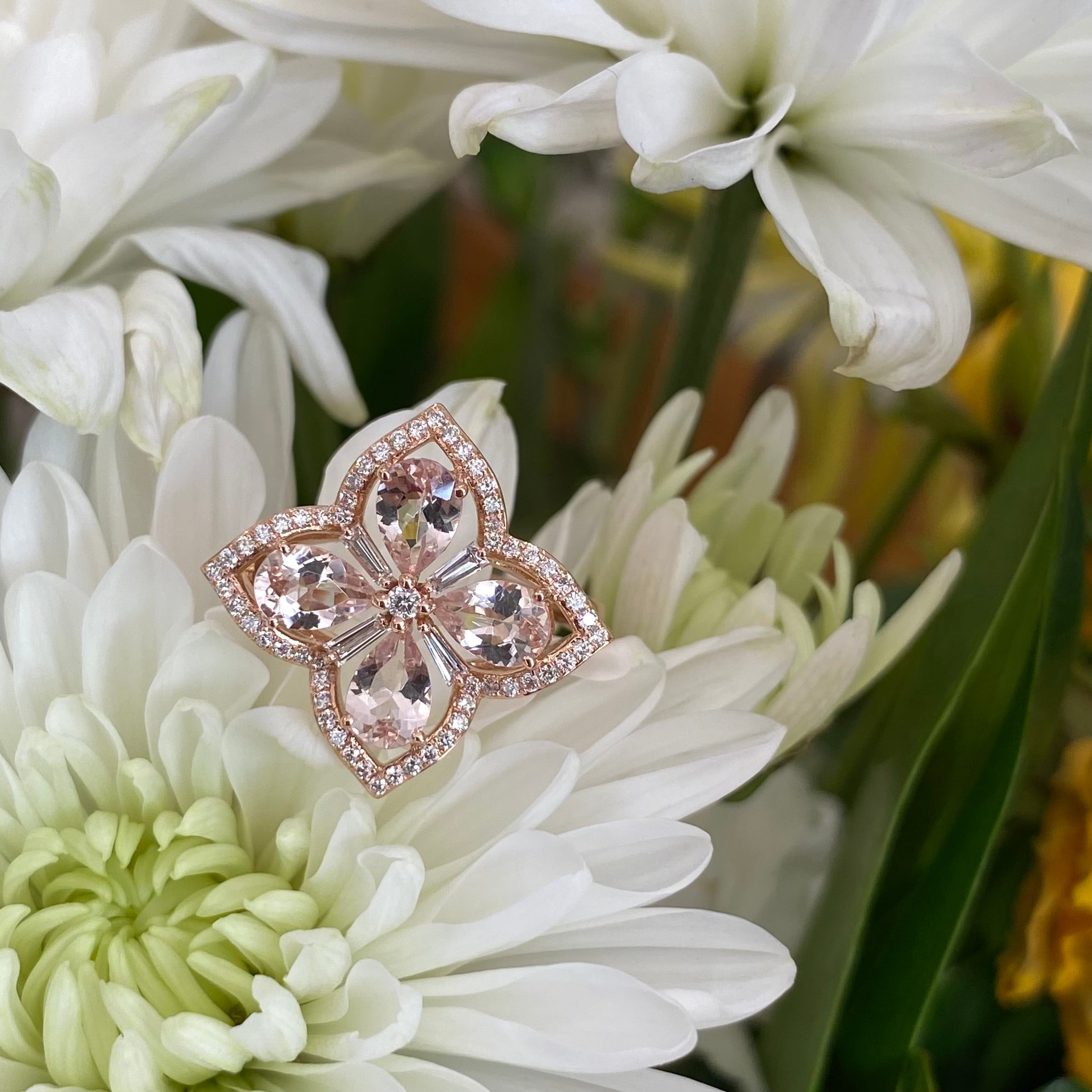 Rosé Clover Morganite and Diamond Ring