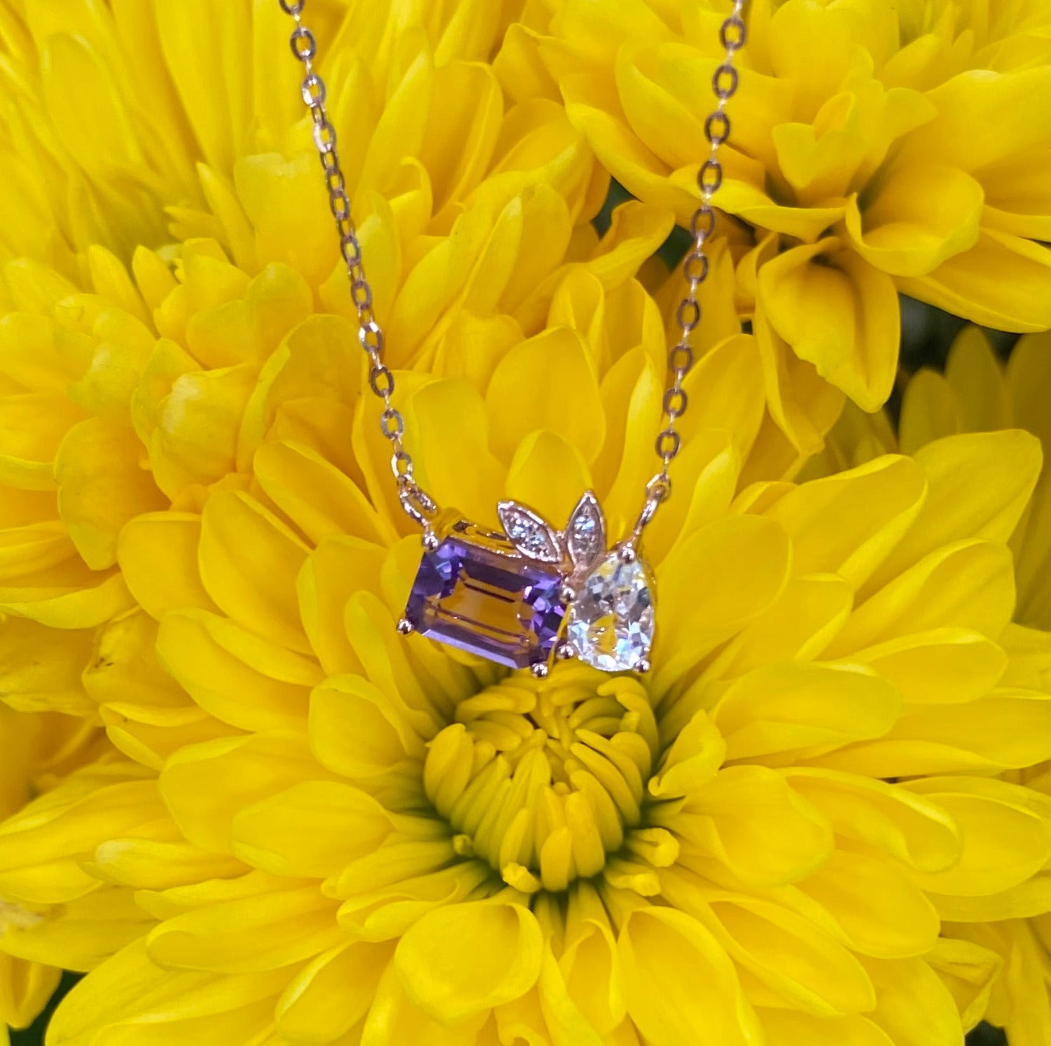 Amethyst and White Topaz Mosaic Necklace in Rose Gold