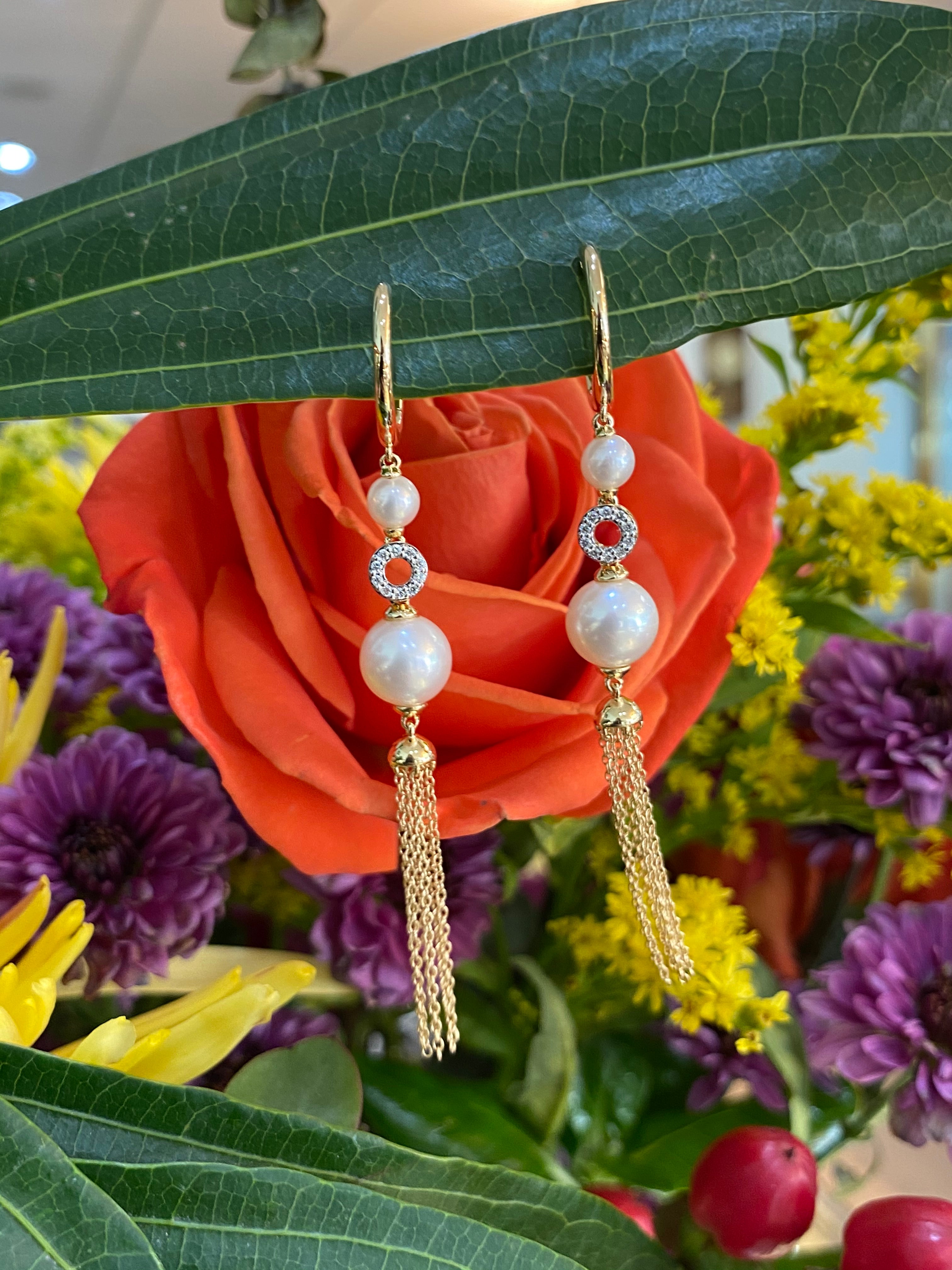 Diamond & Pearl Drop Tassel Earrings