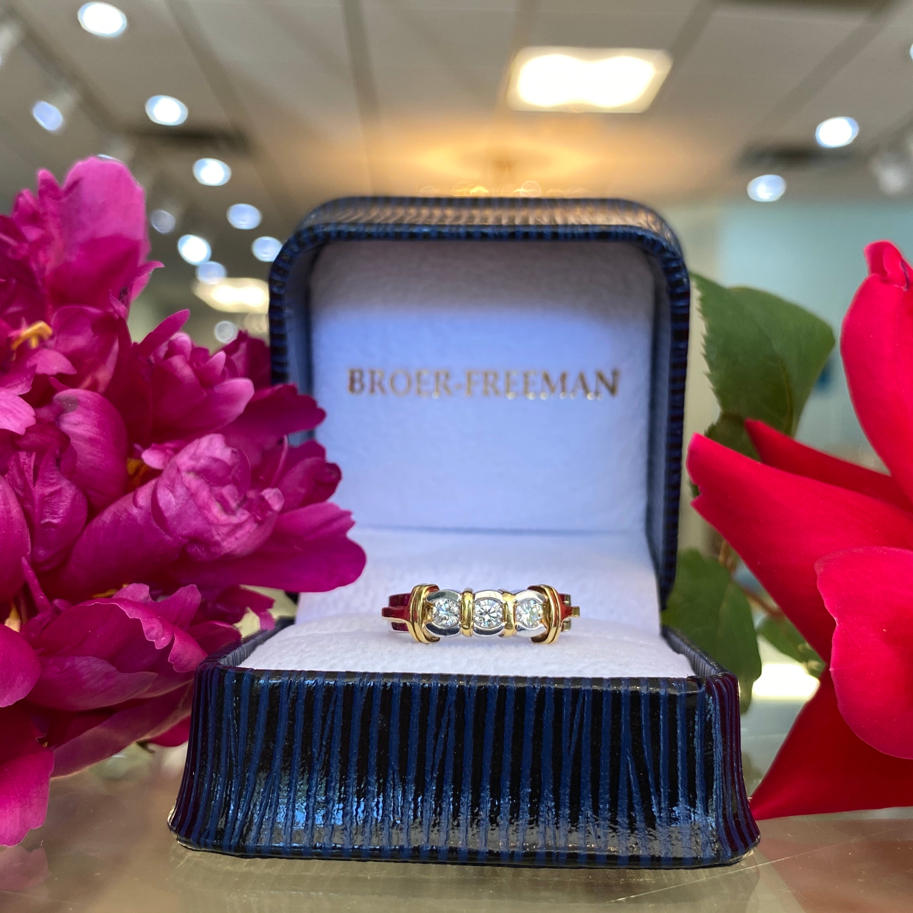 Platinum & 18K Yellow Gold Three Stone Diamond Ring