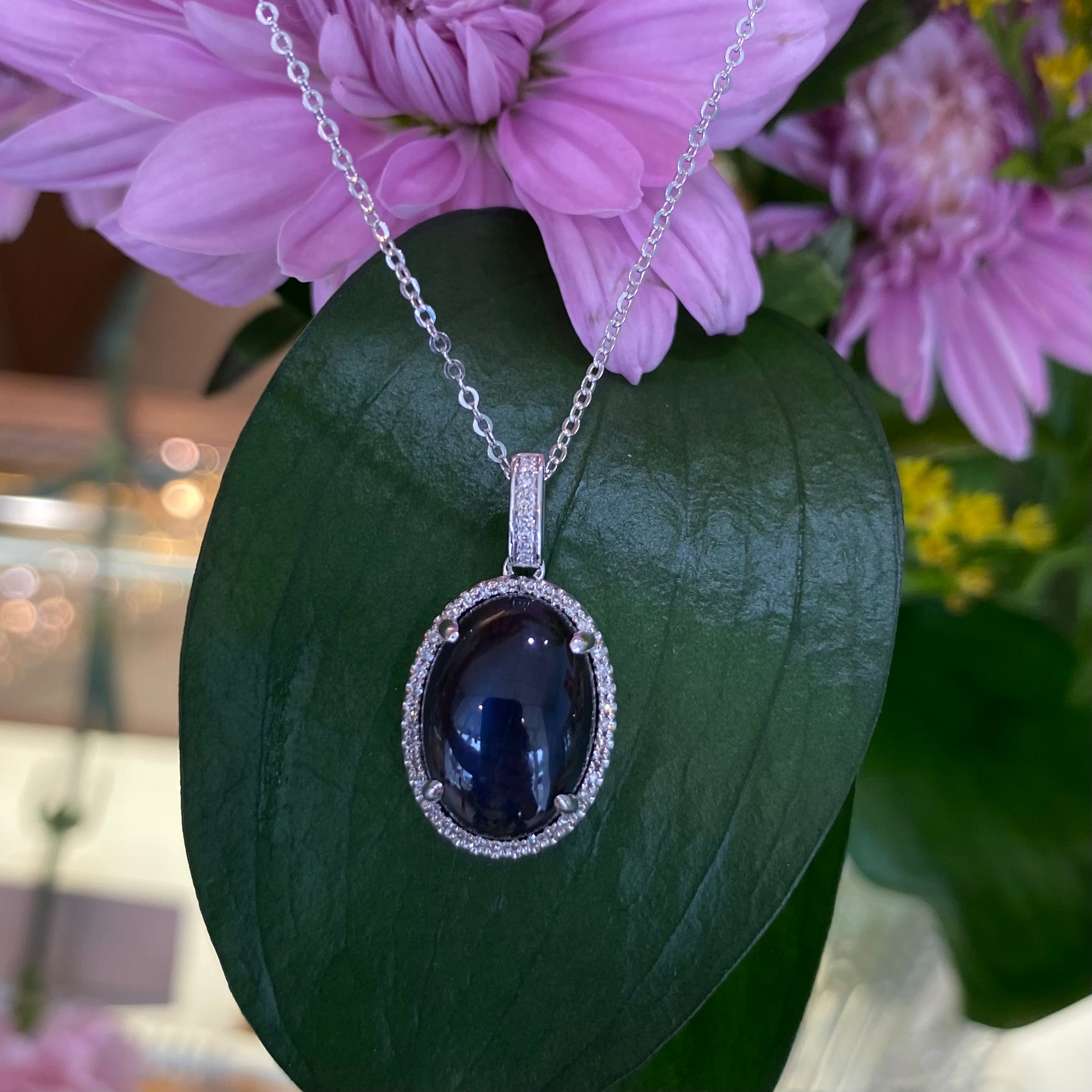 Labradorite & Diamond Oval Halo Pendant