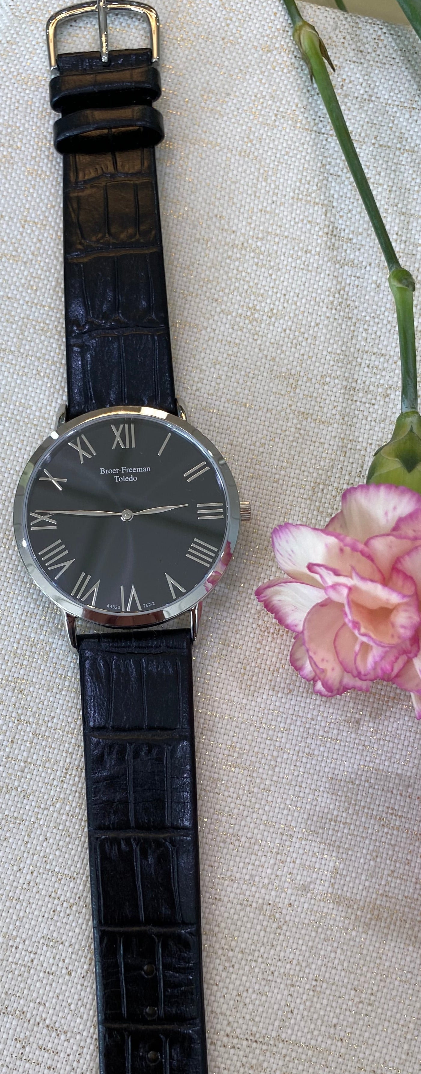 Black Dial Silver Toned Leather Watch