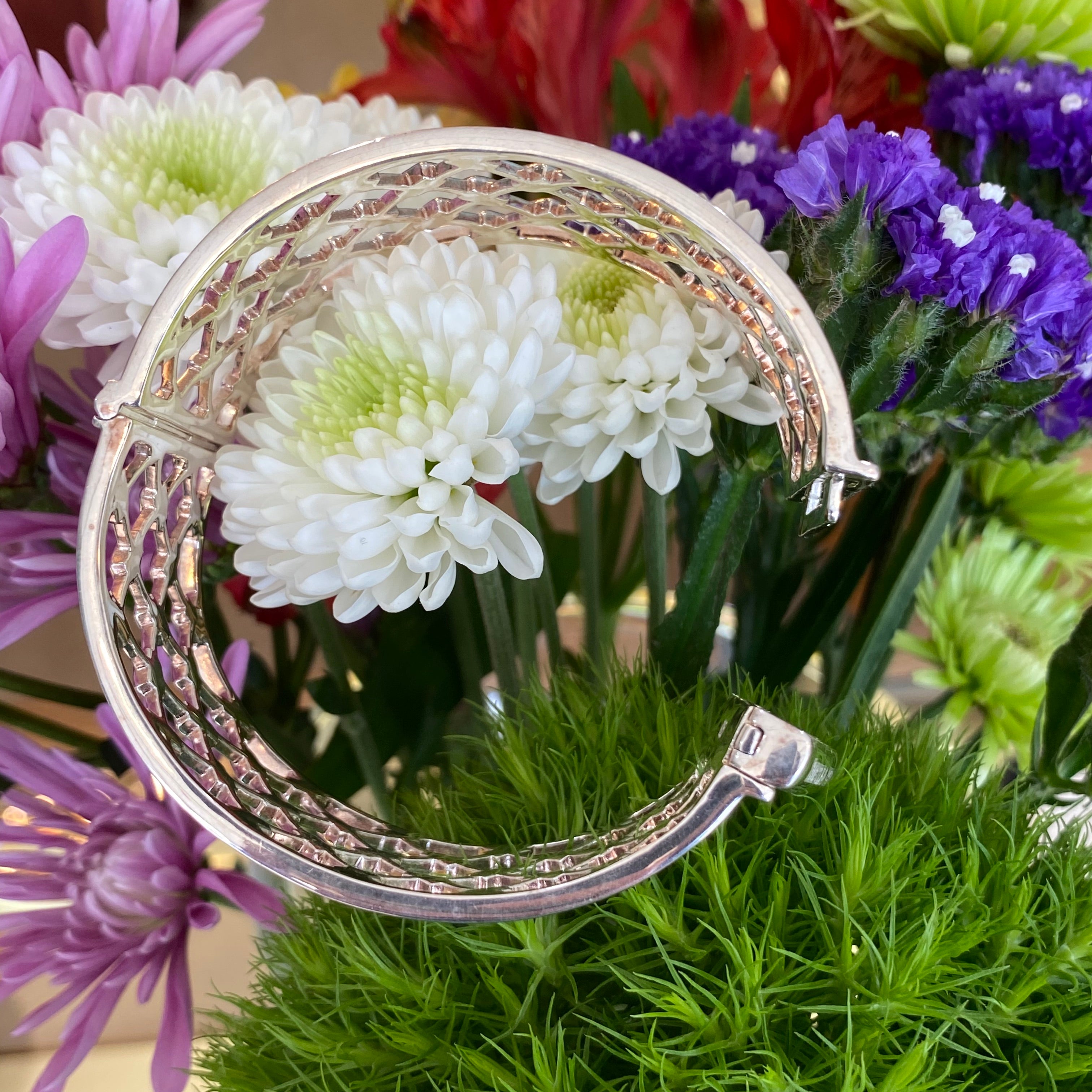 Thistle and Bee Wide Bangle Bracelet in Sterling Silver