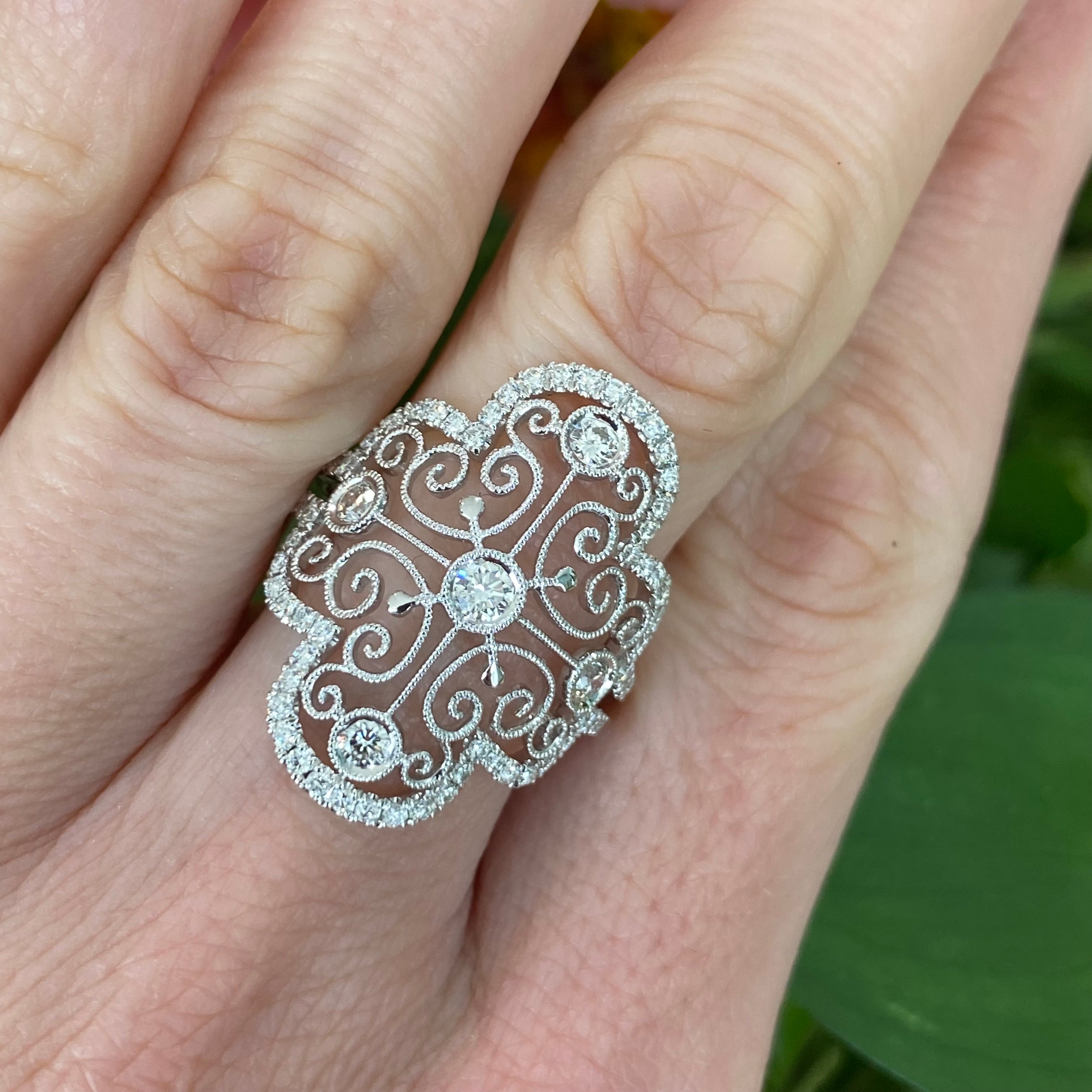 Vintage Inspired Lace Style Diamond Ring in 18k White Gold