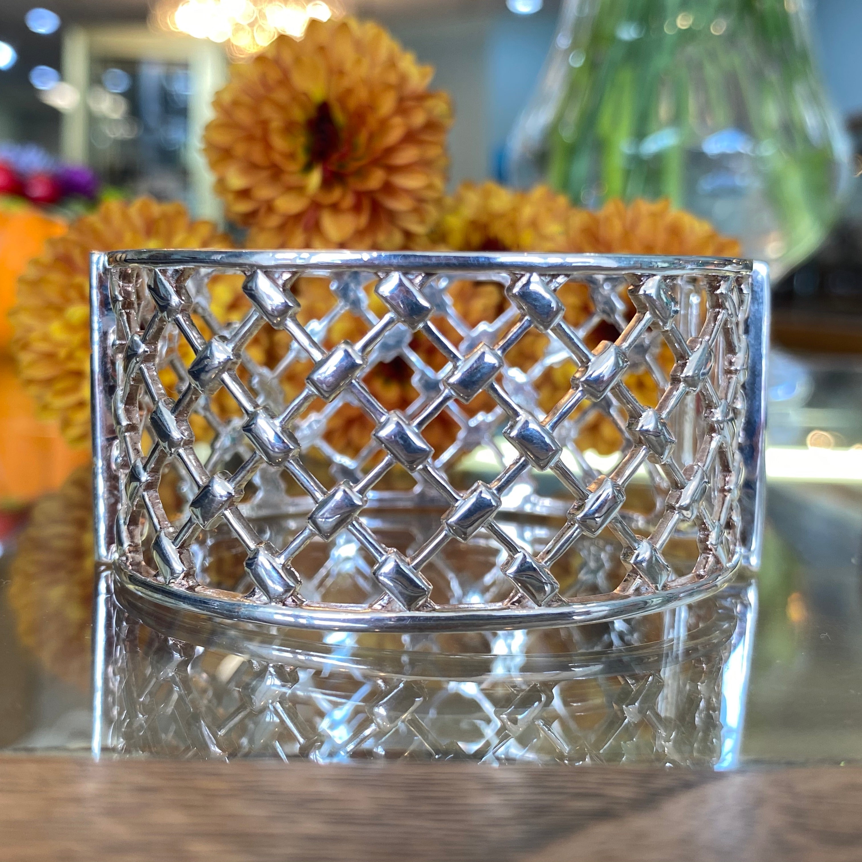 Thistle and Bee Wide Bangle Bracelet in Sterling Silver