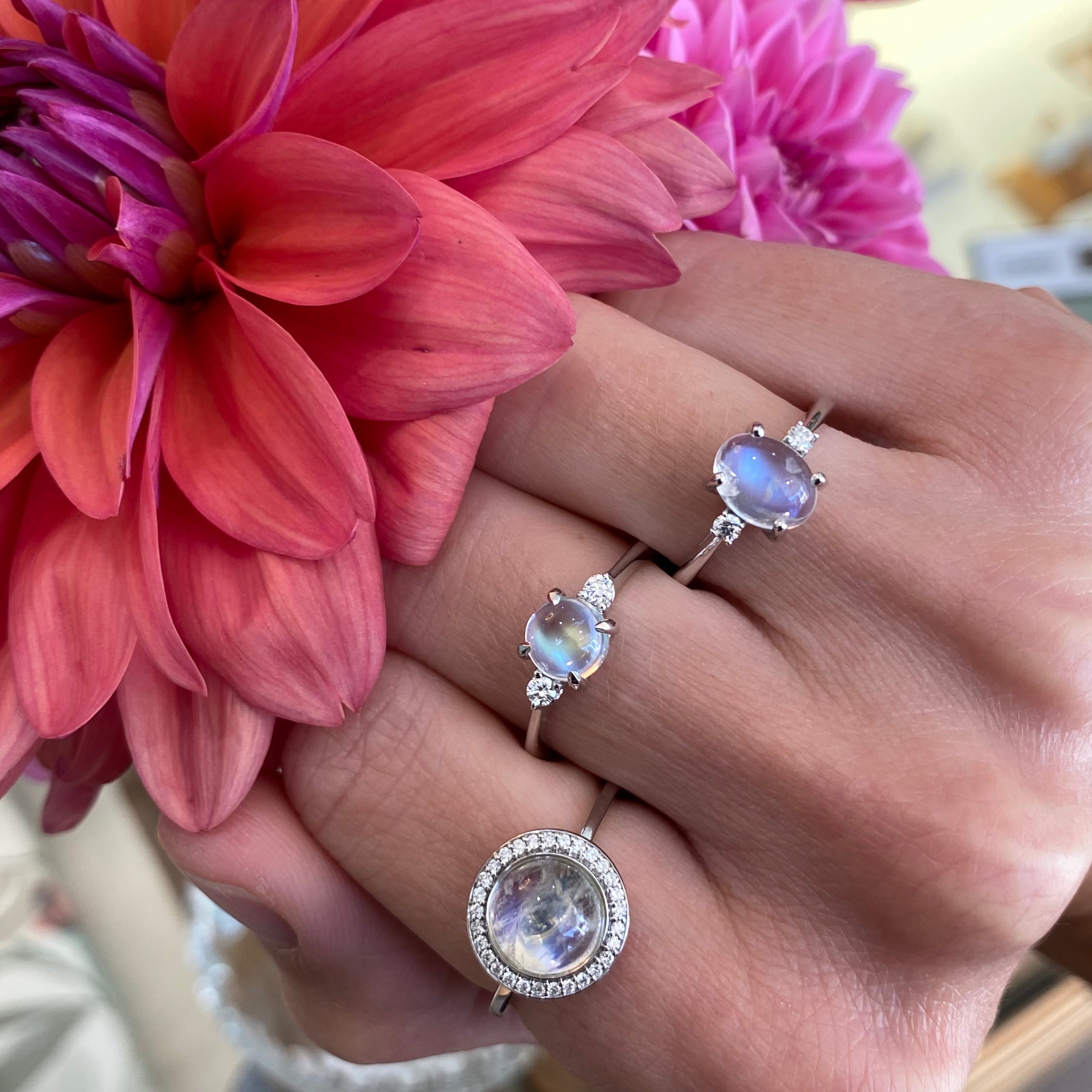 Round Moonstone & Diamond Three Stone Ring