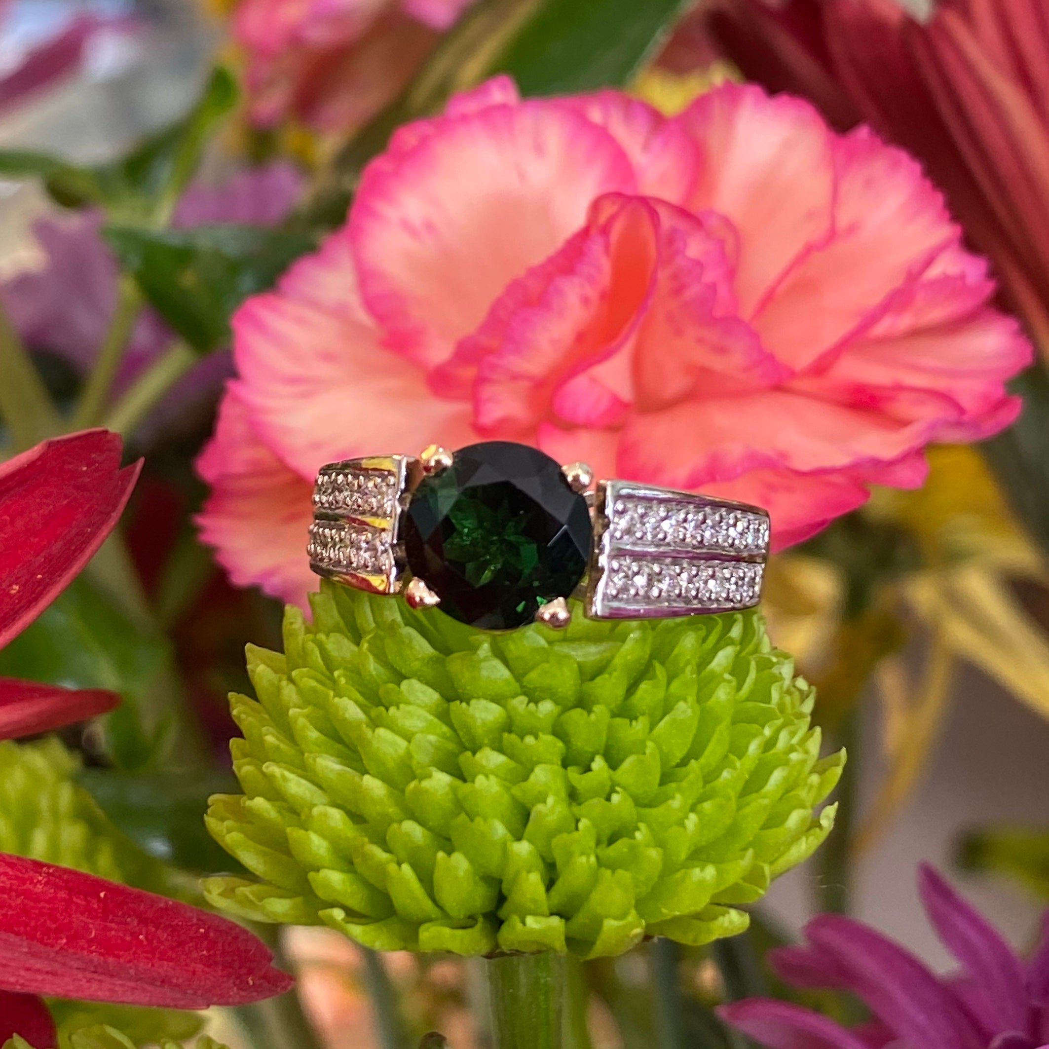 Green Tourmaline Double Diamond Band Ring