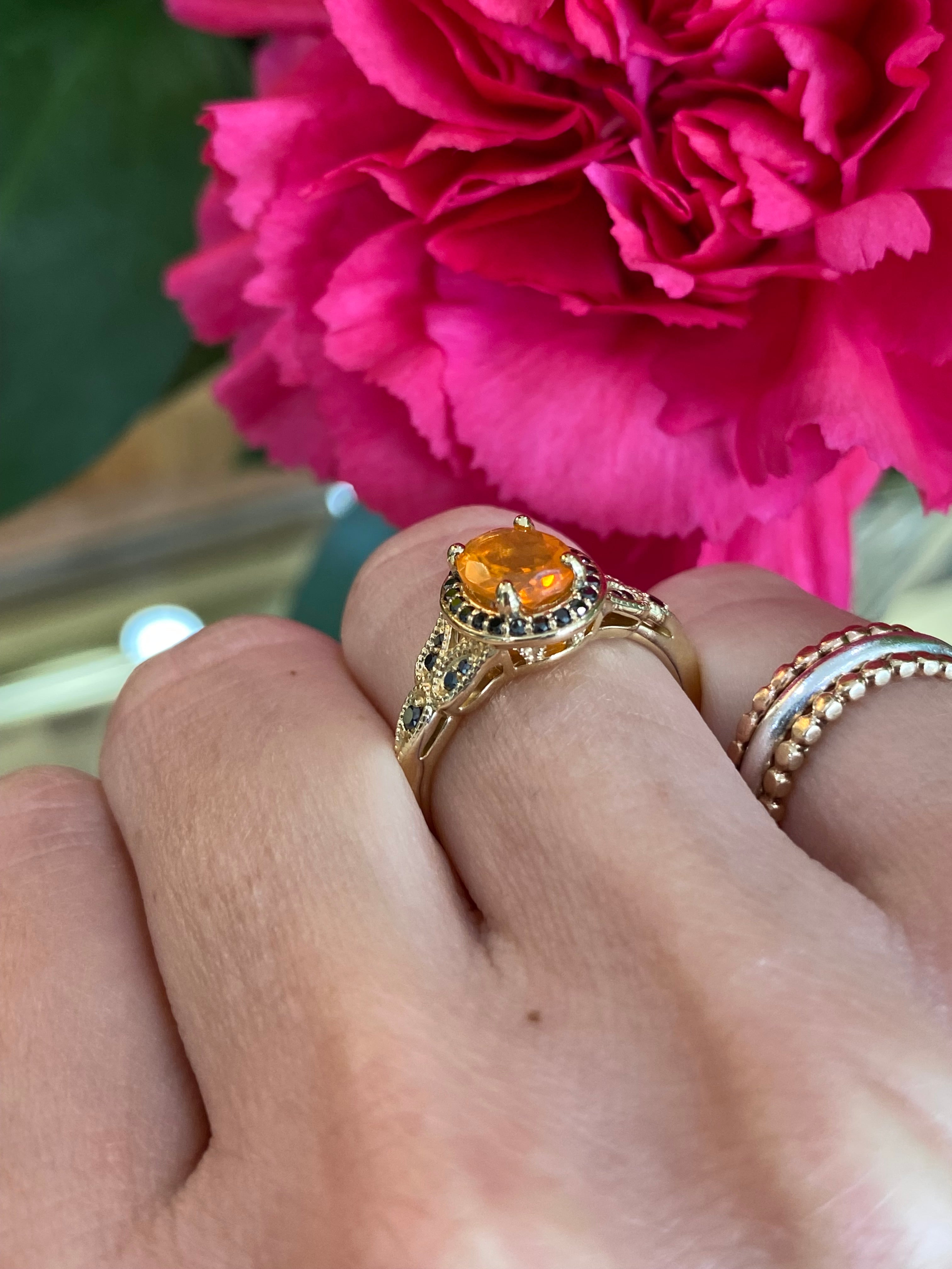 Fire Opal & Black Diamond Yellow Gold Ring
