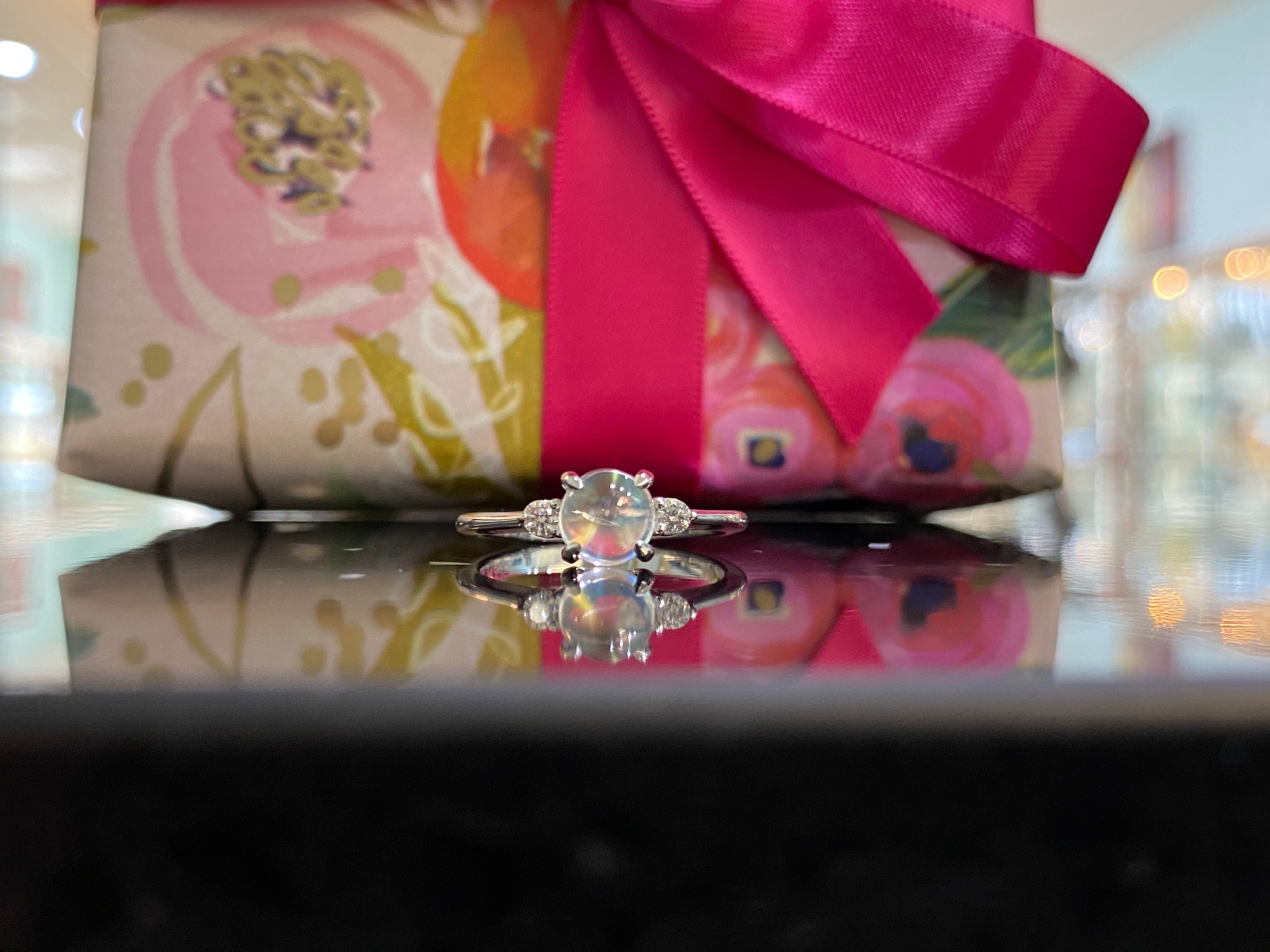 Round Moonstone & Diamond Three Stone Ring