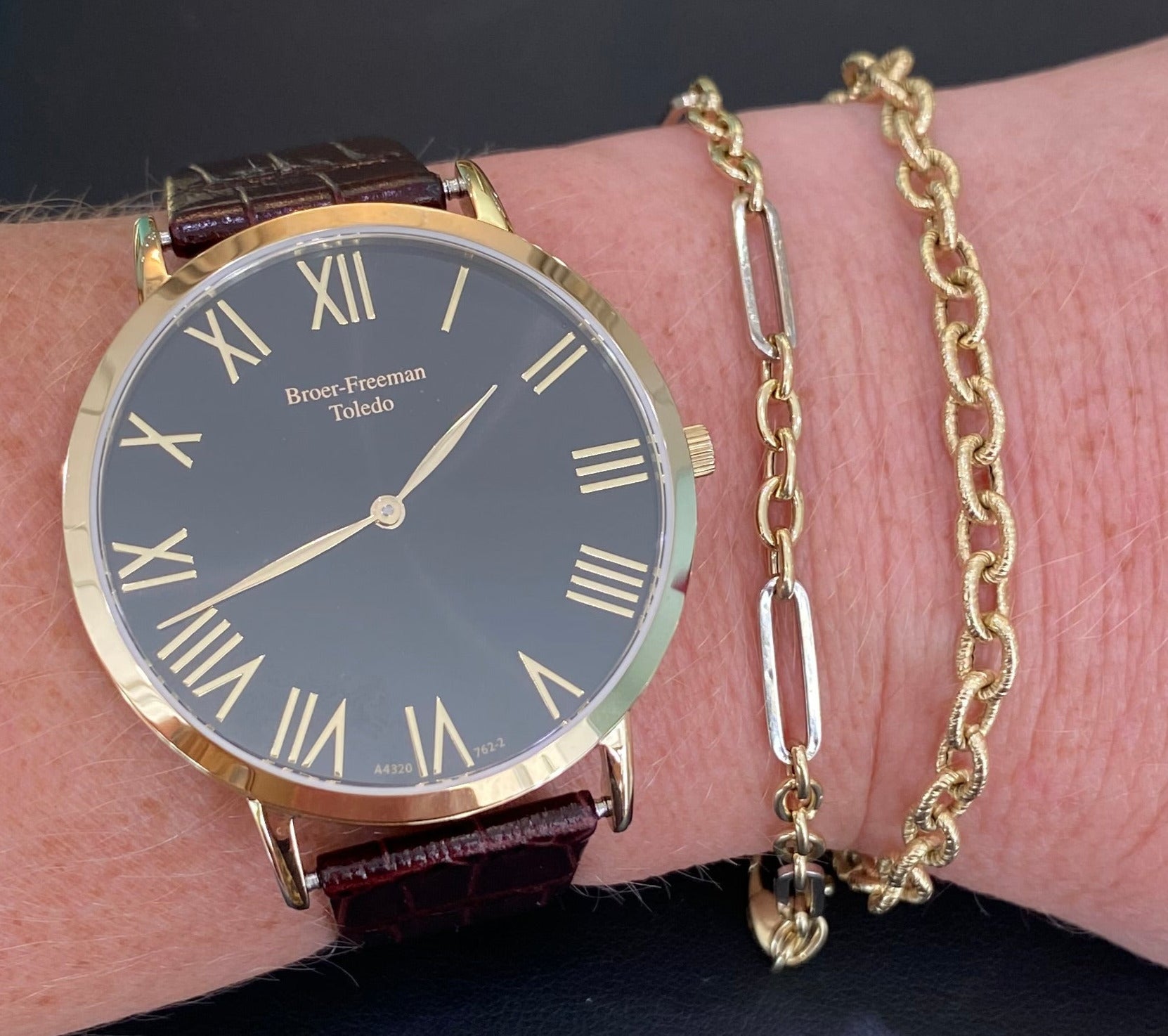 Black Dial Gold Toned Brown Leather Watch