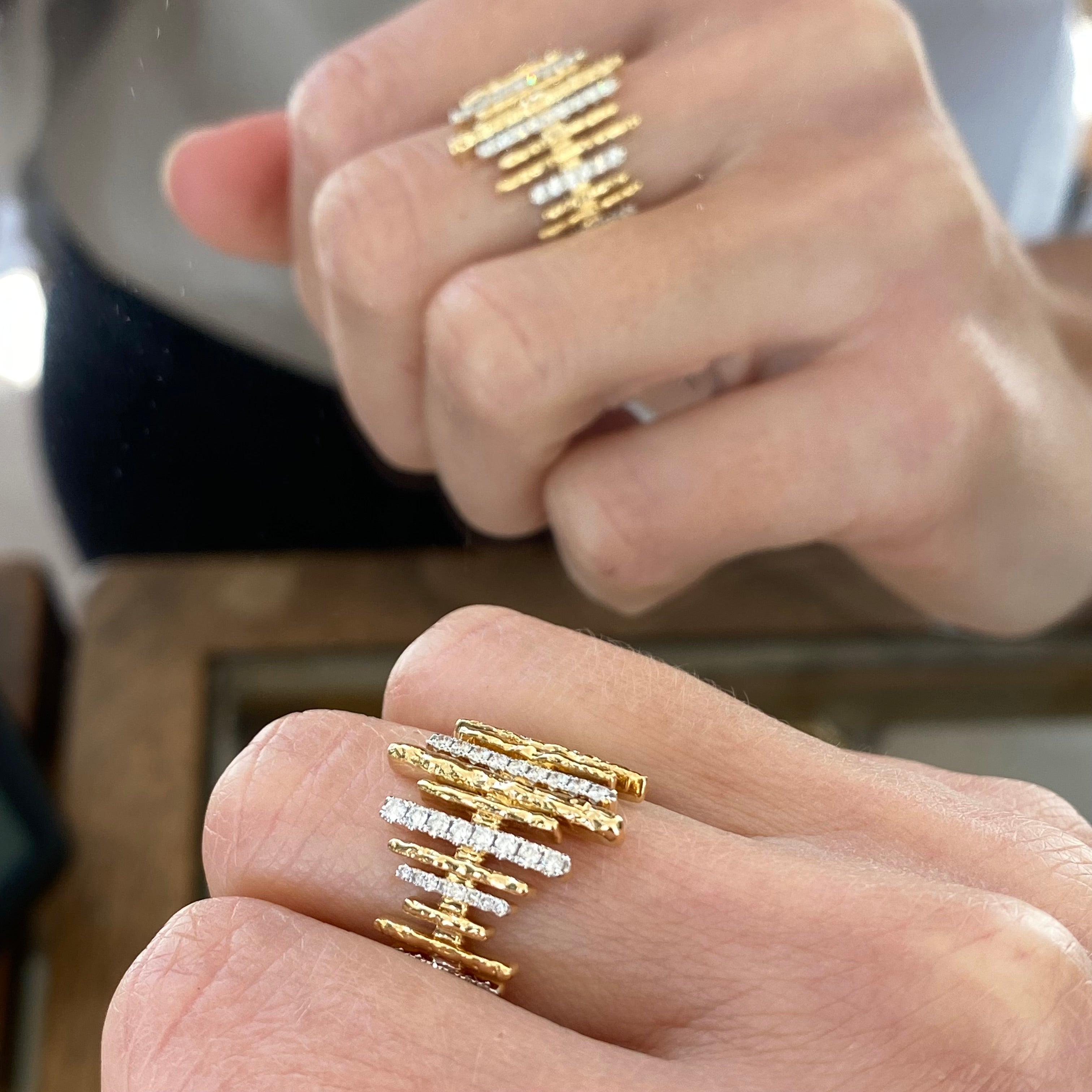 Retro Style Diamond Stick Ring in Yellow and White Gold