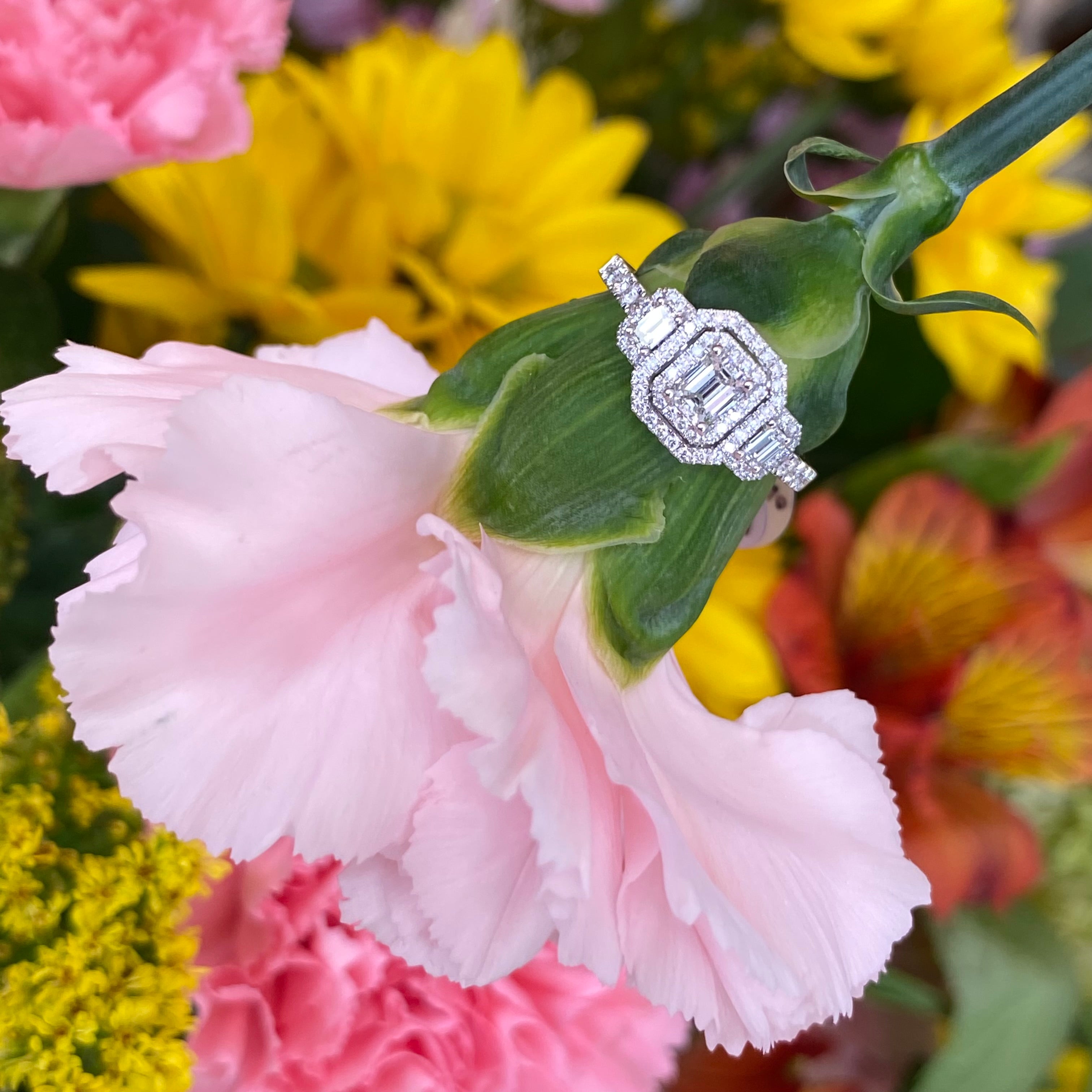 Mosaic Emerald Cut Three Stone Diamond Ring in 14k White Gold