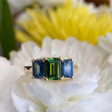 Load image into Gallery viewer, *On The Rocks* Green Tourmaline & Blue Sapphire Cocktail Ring in Yellow Gold 🍹