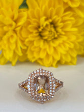Load image into Gallery viewer, Rose Gold Elongated Cushion Morganite And Double Diamond Halo Ring