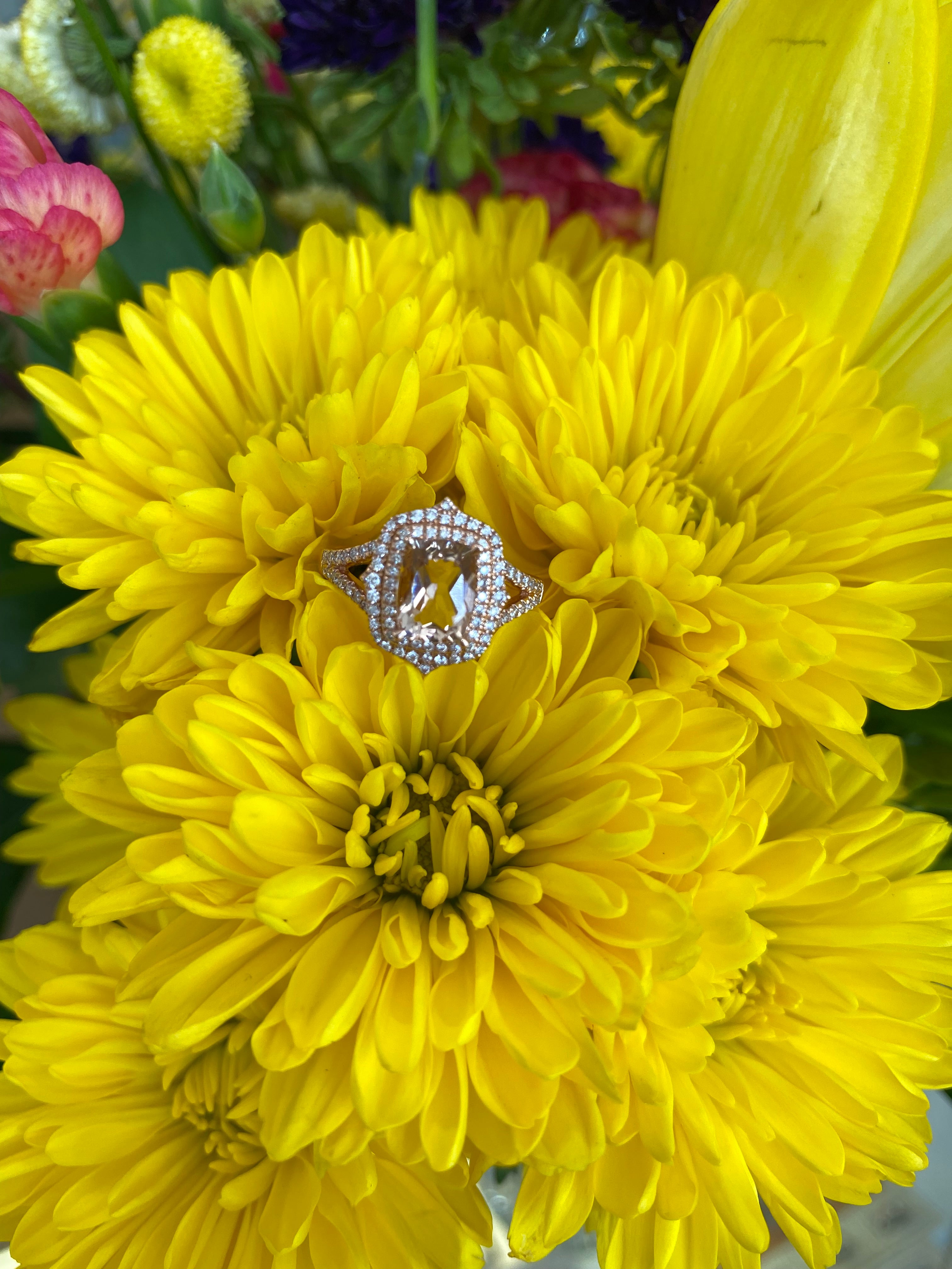 Rose Gold Elongated Cushion Morganite And Double Diamond Halo Ring