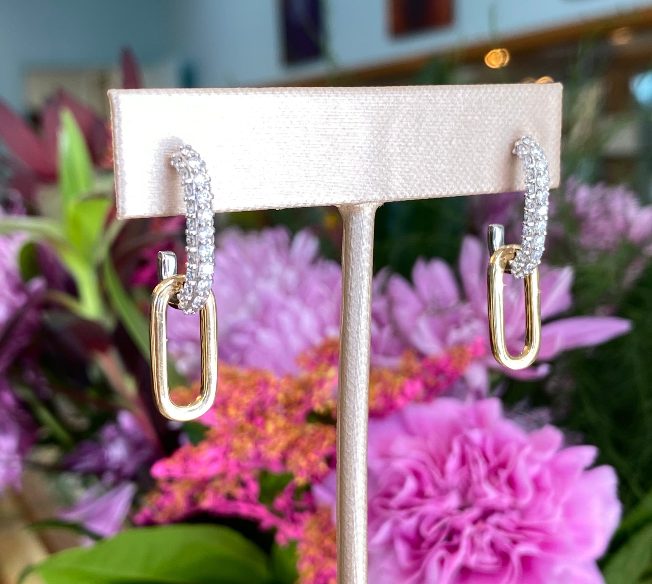 Paper Clip Diamond & Gold Drop Earrings in White and Yellow Gold