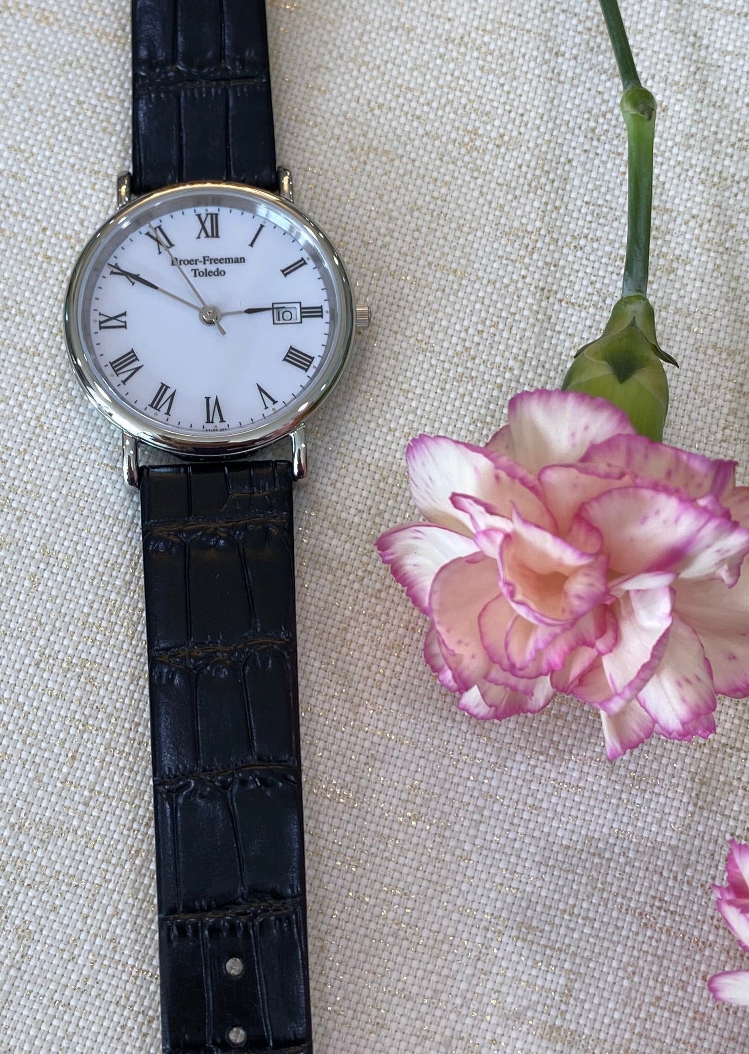 White Dial Silver Toned Black Leather Watch