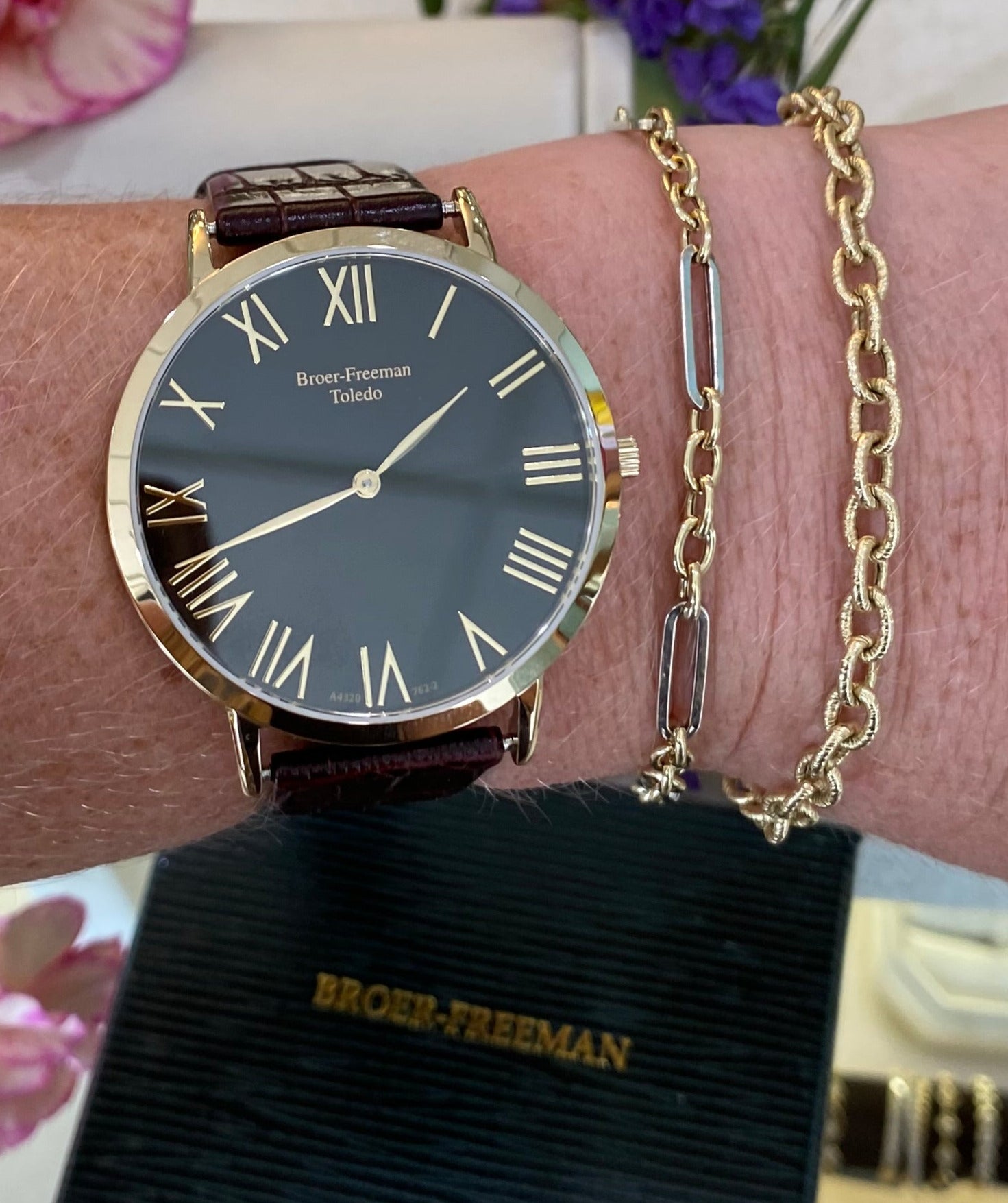 Black Dial Gold Toned Brown Leather Watch