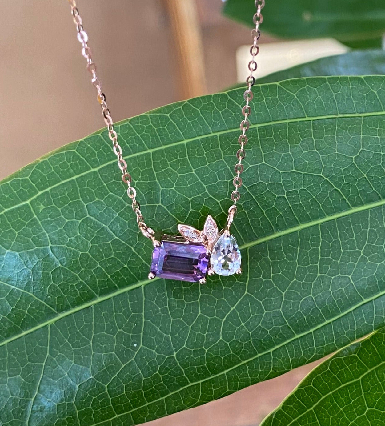 Amethyst and White Topaz Mosaic Necklace in Rose Gold