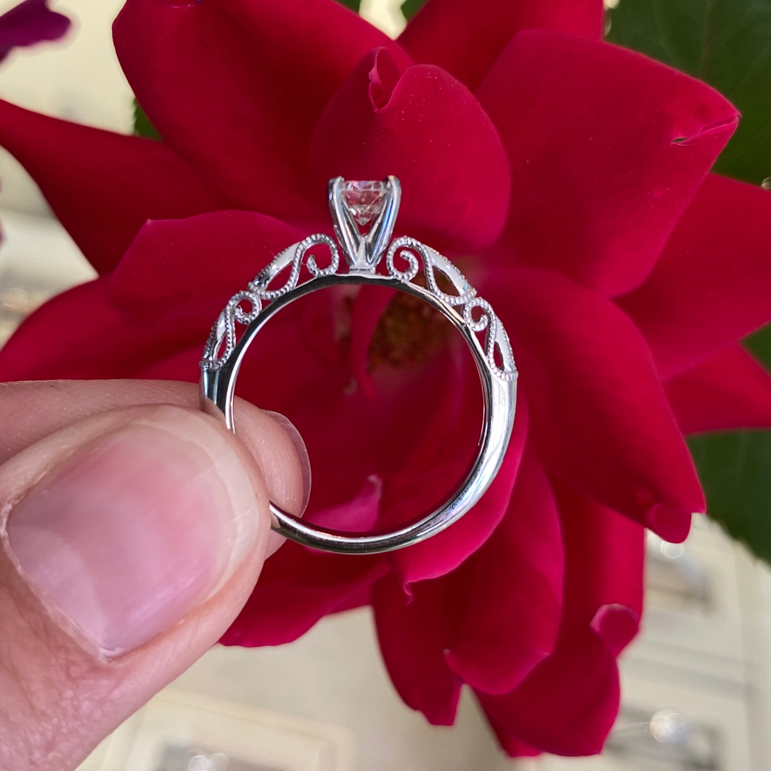 Fancy Round Solitaire Engagement Ring with Filigree Scroll Work