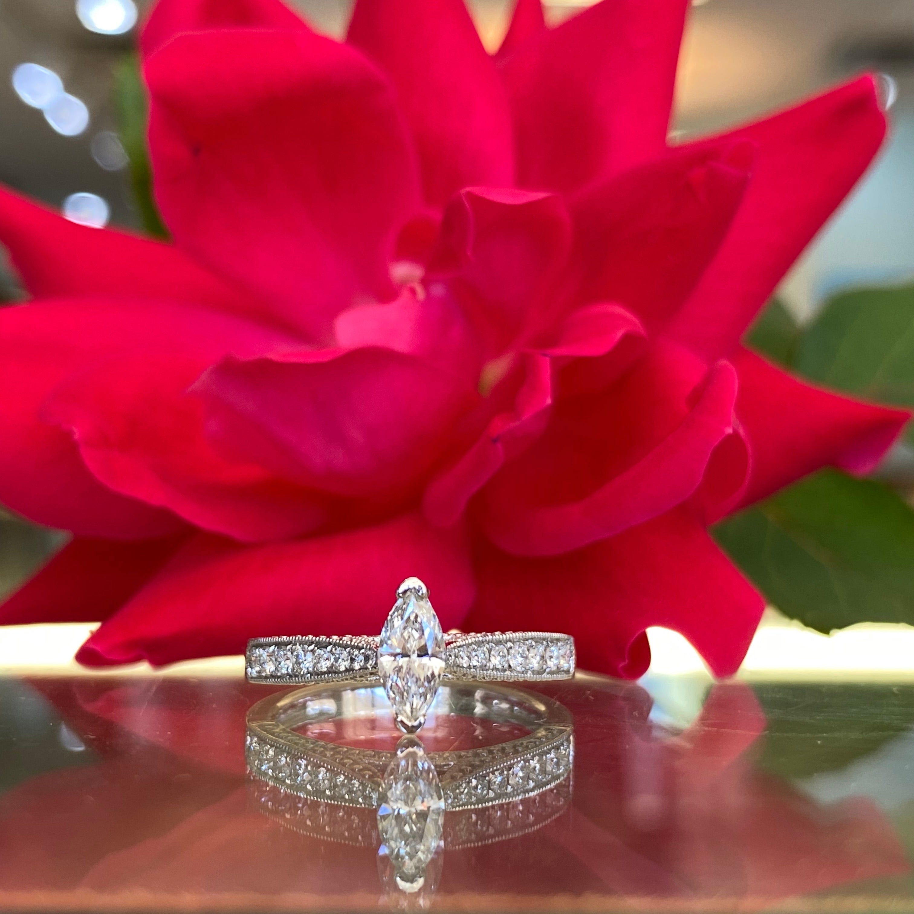 Marquise Diamond Beaded Engagement Ring