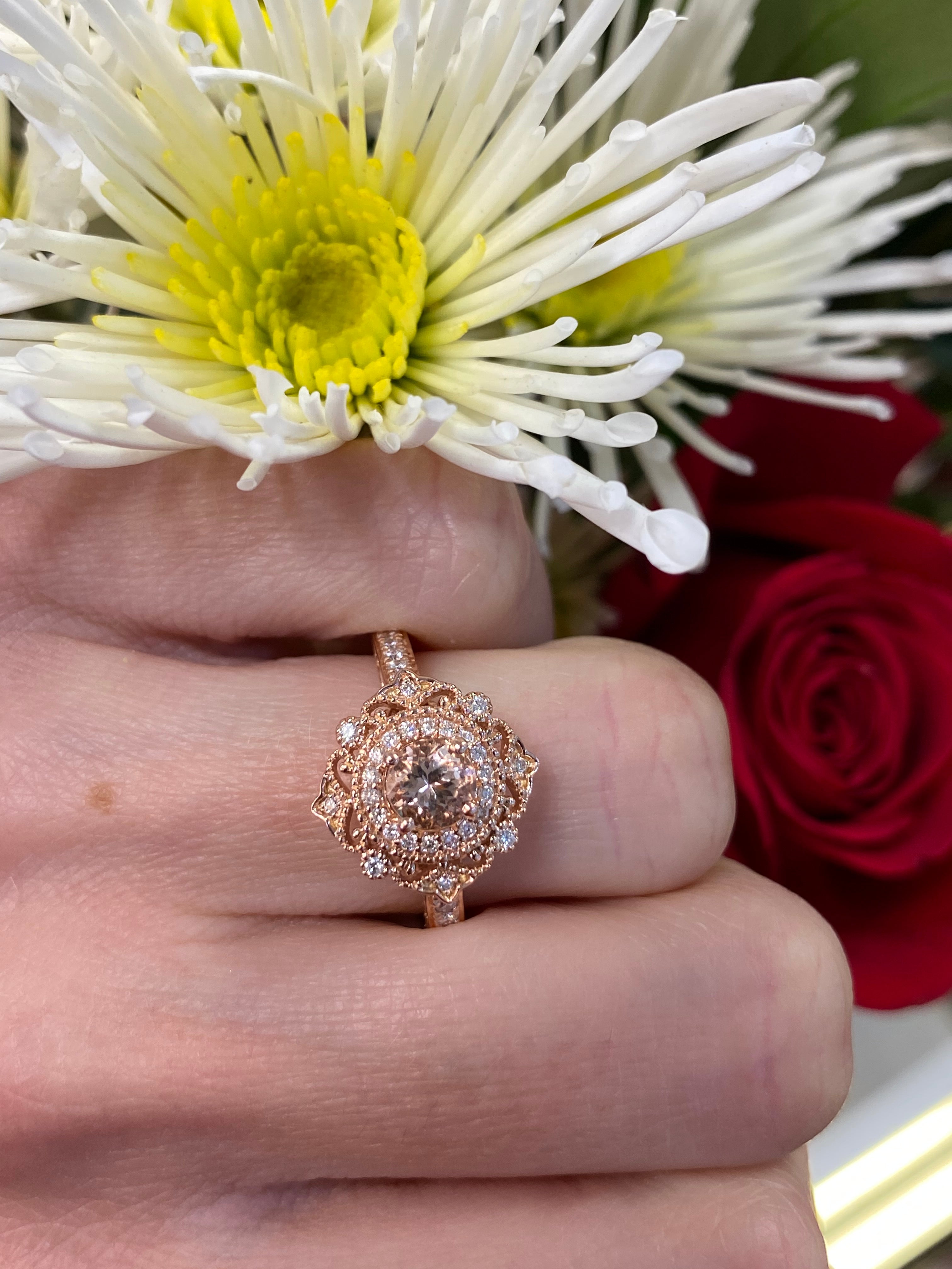 Vintage Inspired Lace Rose Gold, Morganite & Diamond Ring