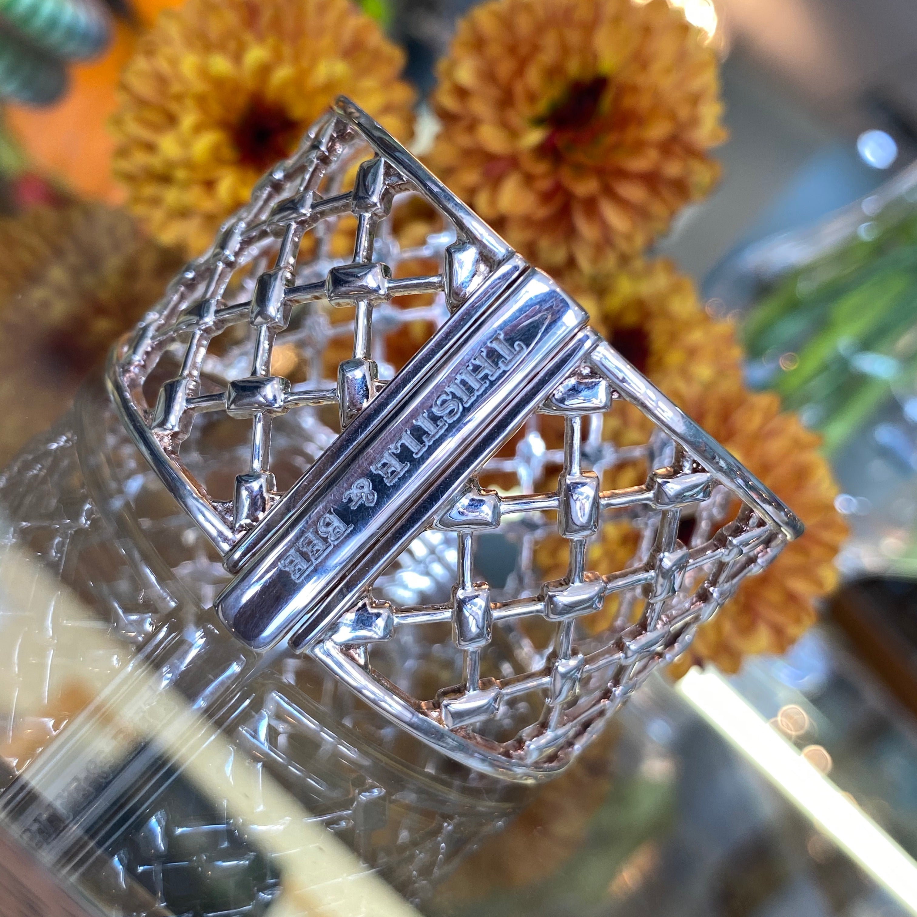 Thistle and Bee Wide Bangle Bracelet in Sterling Silver