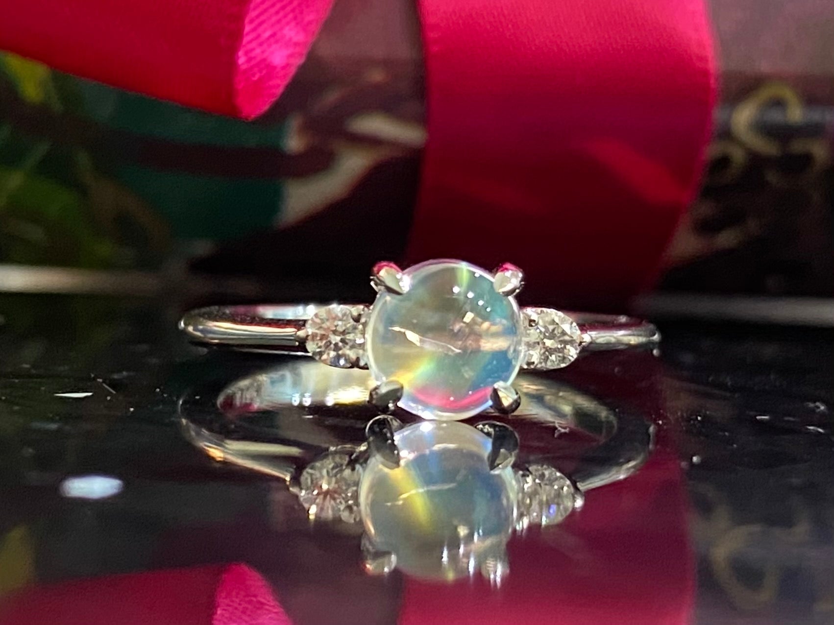 Round Moonstone & Diamond Three Stone Ring