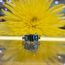 Load image into Gallery viewer, *On The Rocks* Green Tourmaline & Blue Sapphire Cocktail Ring in Yellow Gold 🍹