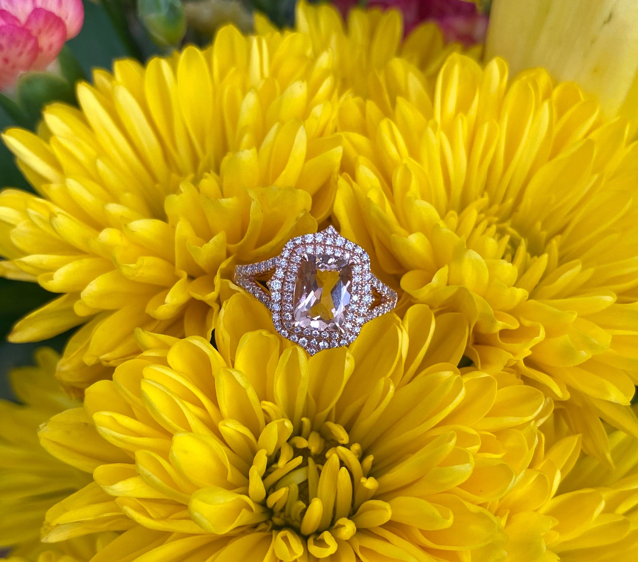 Rose Gold Elongated Cushion Morganite And Double Diamond Halo Ring