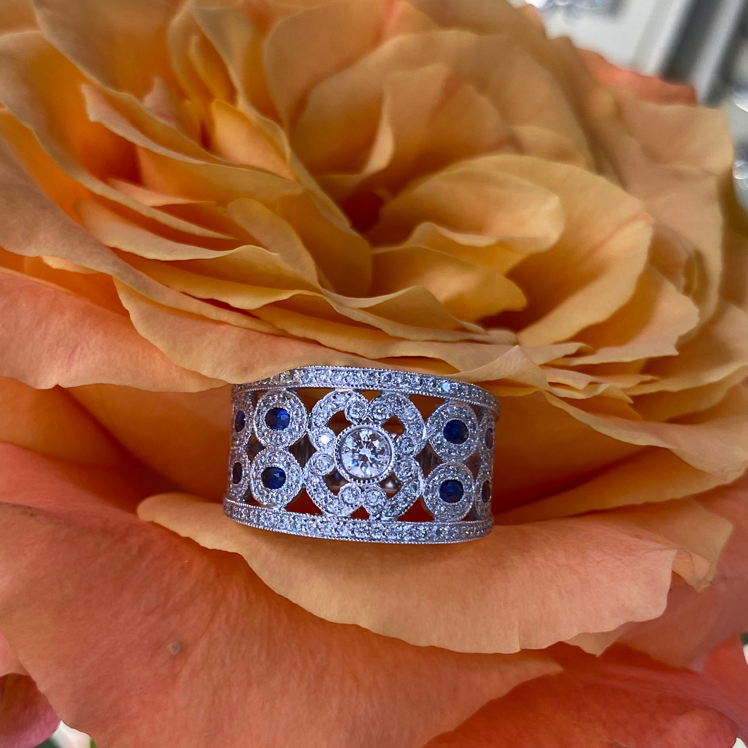 Sapphire & Diamond Milgrain Wide Ring