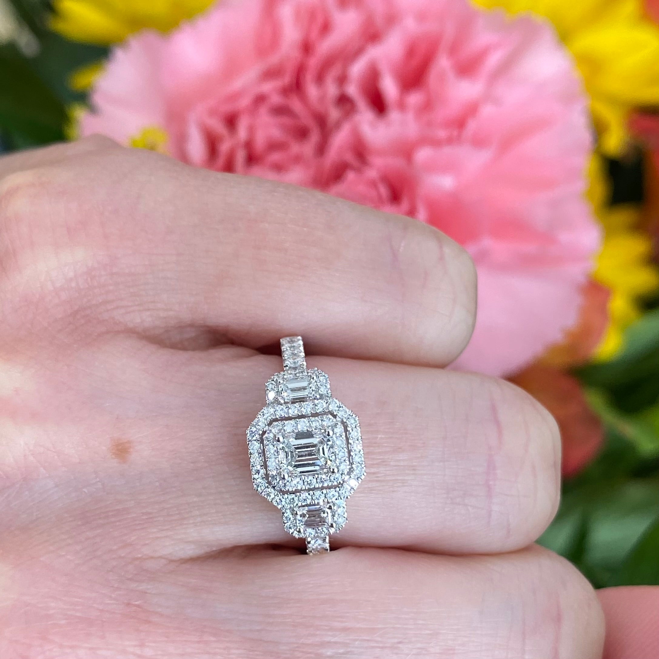 Mosaic Emerald Cut Three Stone Diamond Ring in 14k White Gold