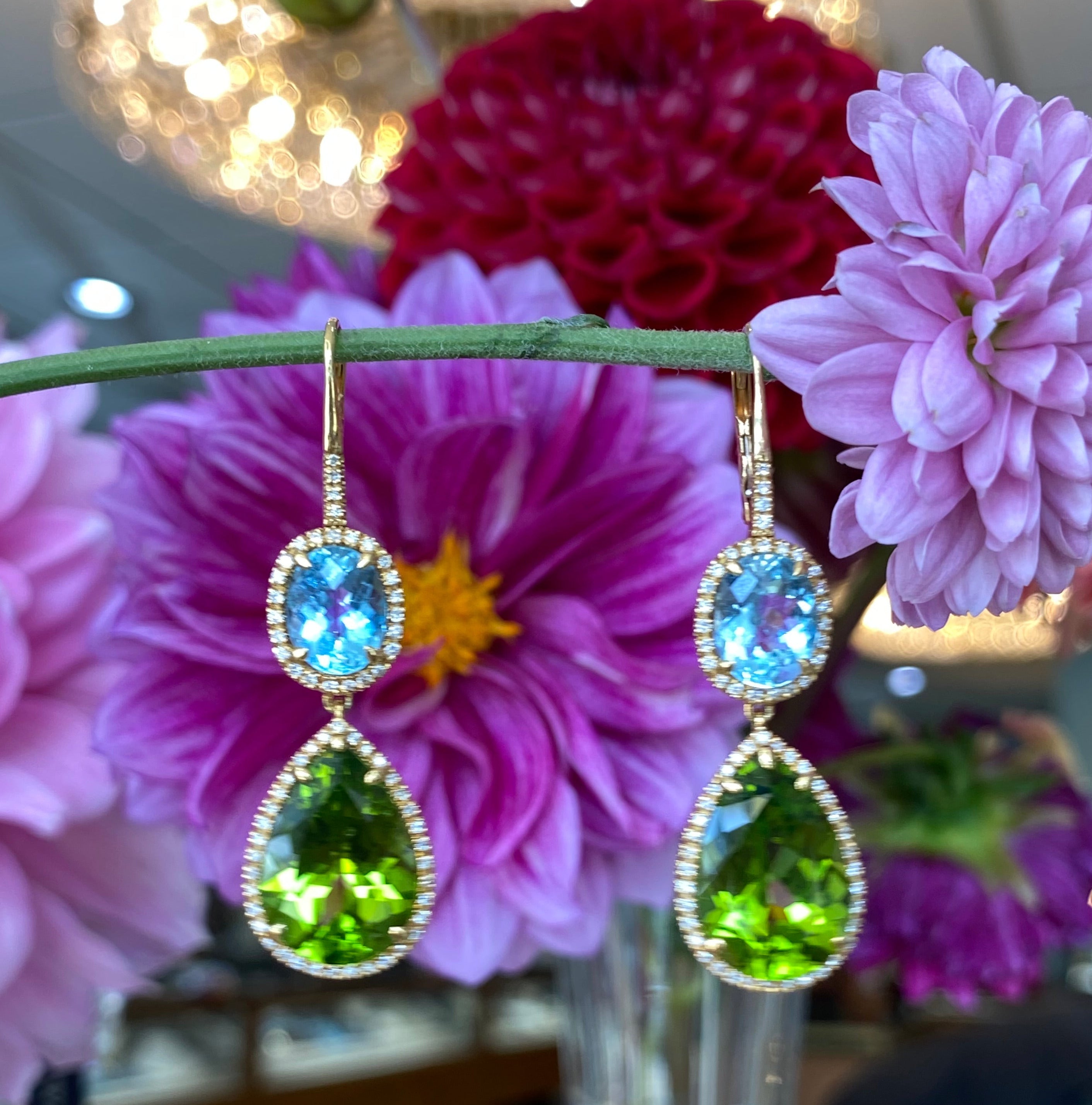 Peridot and Auqamarine Gemstone Dangle Earrings