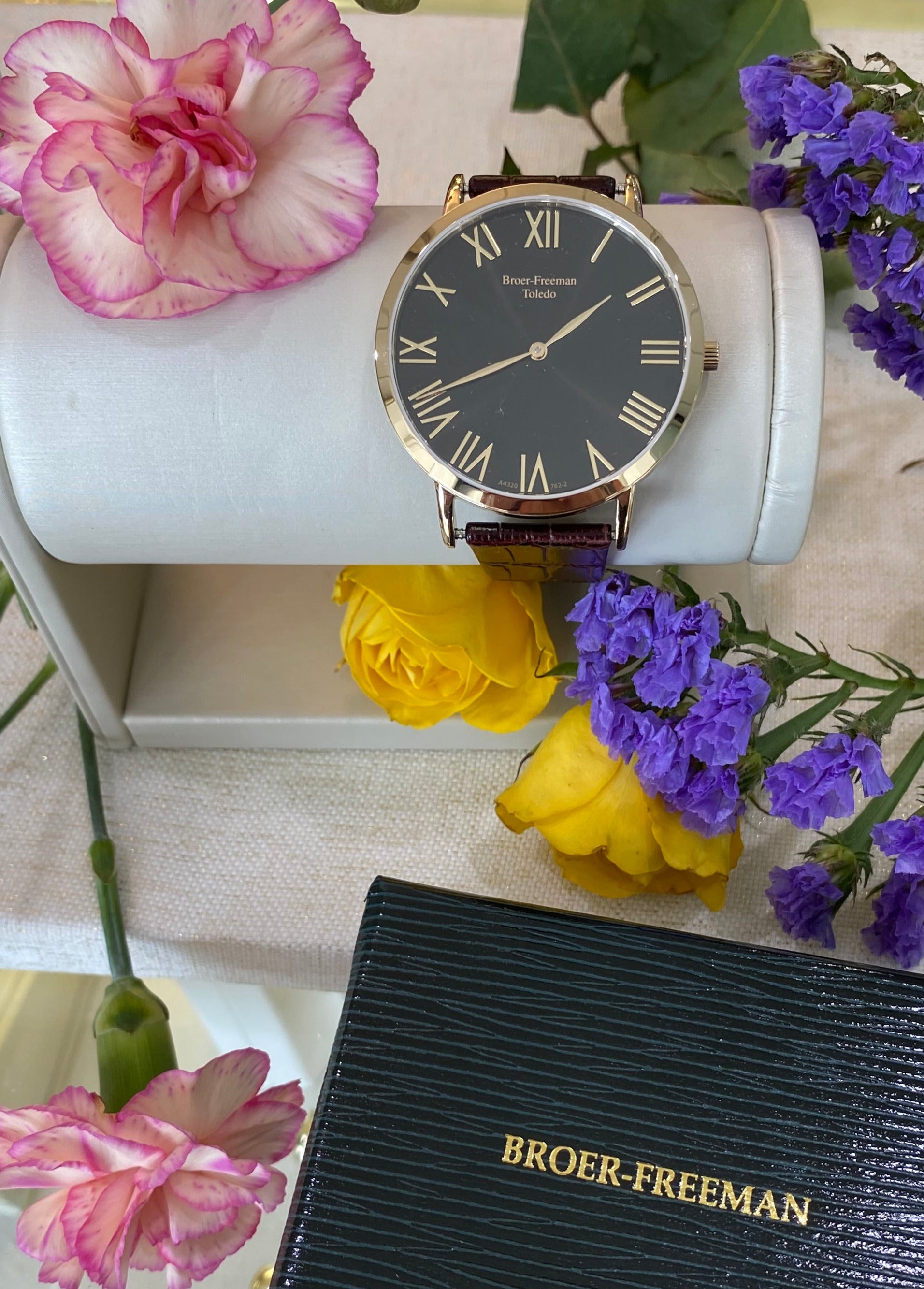 Black Dial Gold Toned Brown Leather Watch