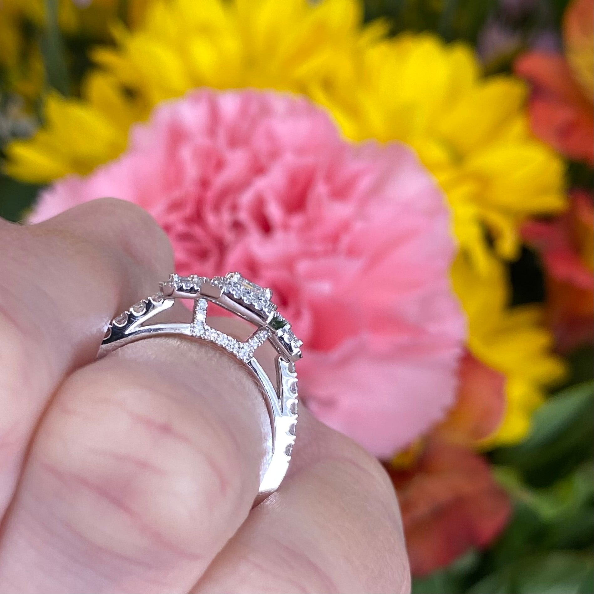 Mosaic Emerald Cut Three Stone Diamond Ring in 14k White Gold