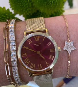 Crimson Dial Gold Mesh Bracelet Watch