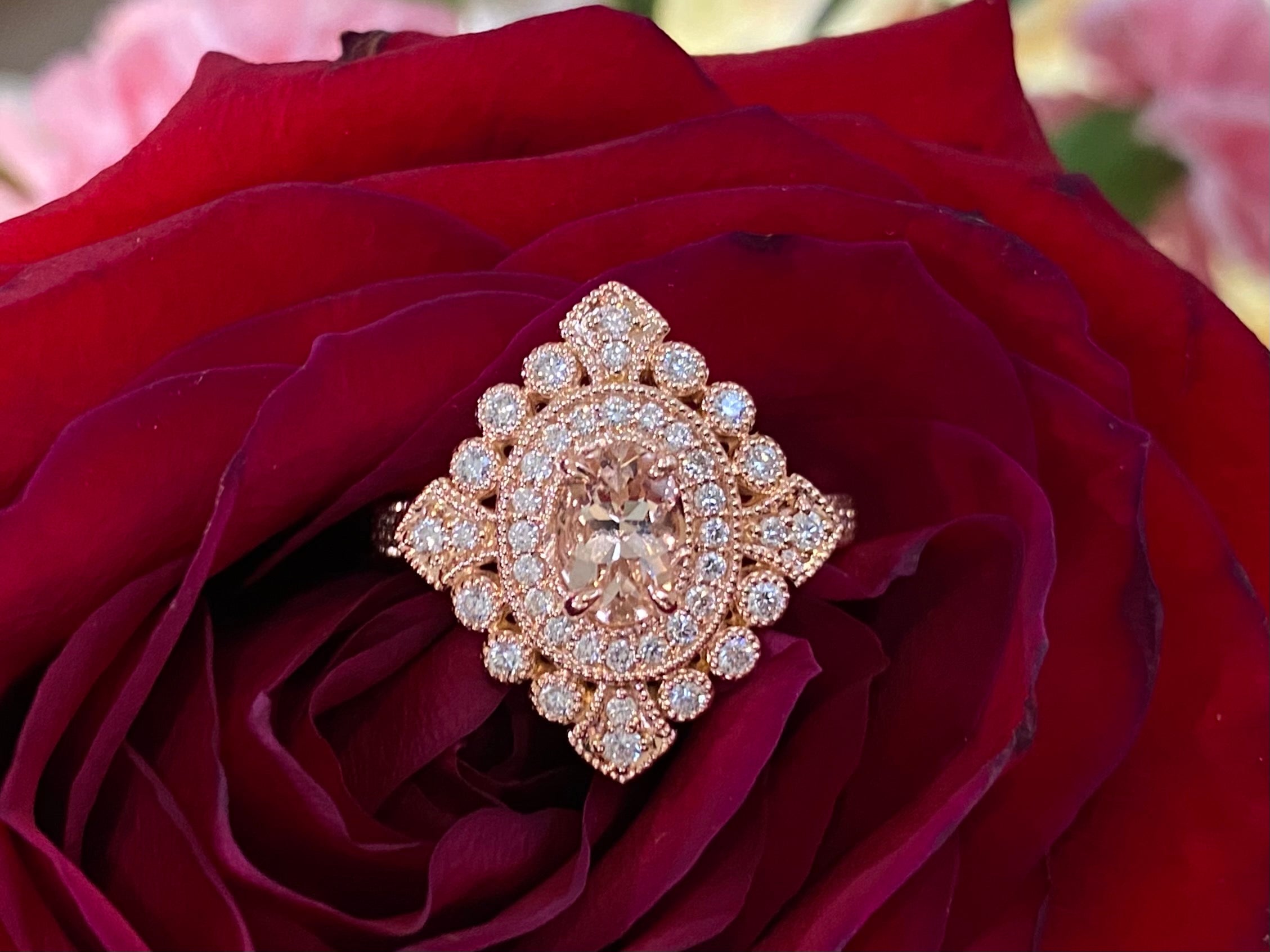 Fancy Vintage Inspired Morganite & Diamond Ring